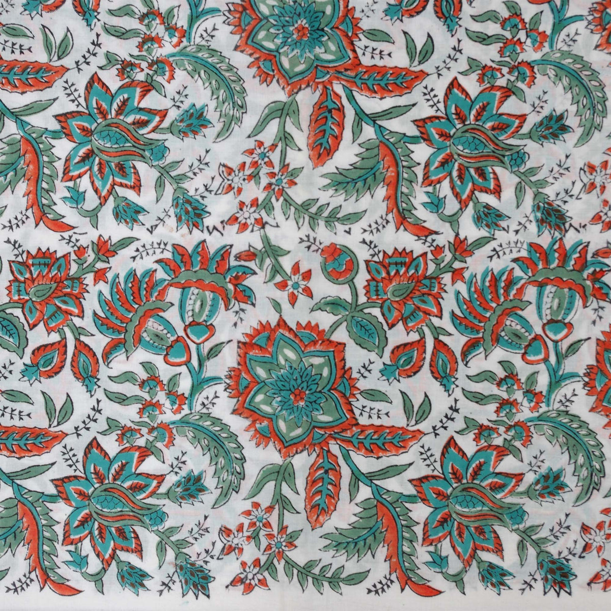 Indian Hand Block Printed 100 % Cotton Fabric - White Base Orange Green Floral (Design 773)