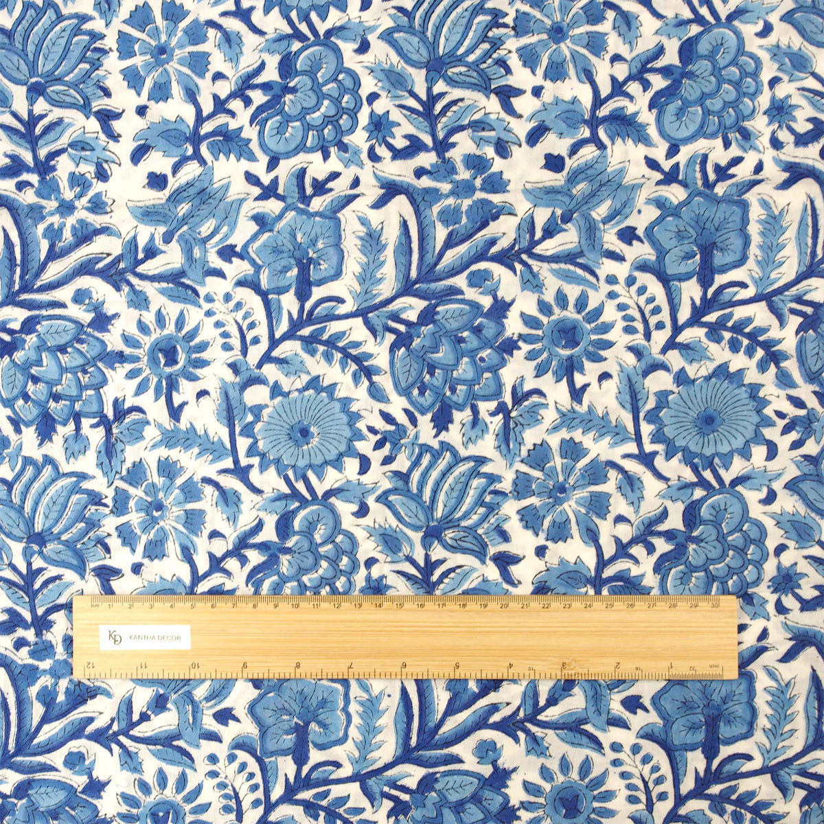 Indian Hand Block Printed 100 % Cotton Fabric - Blue White Coral Floral Jaal (Design 772)