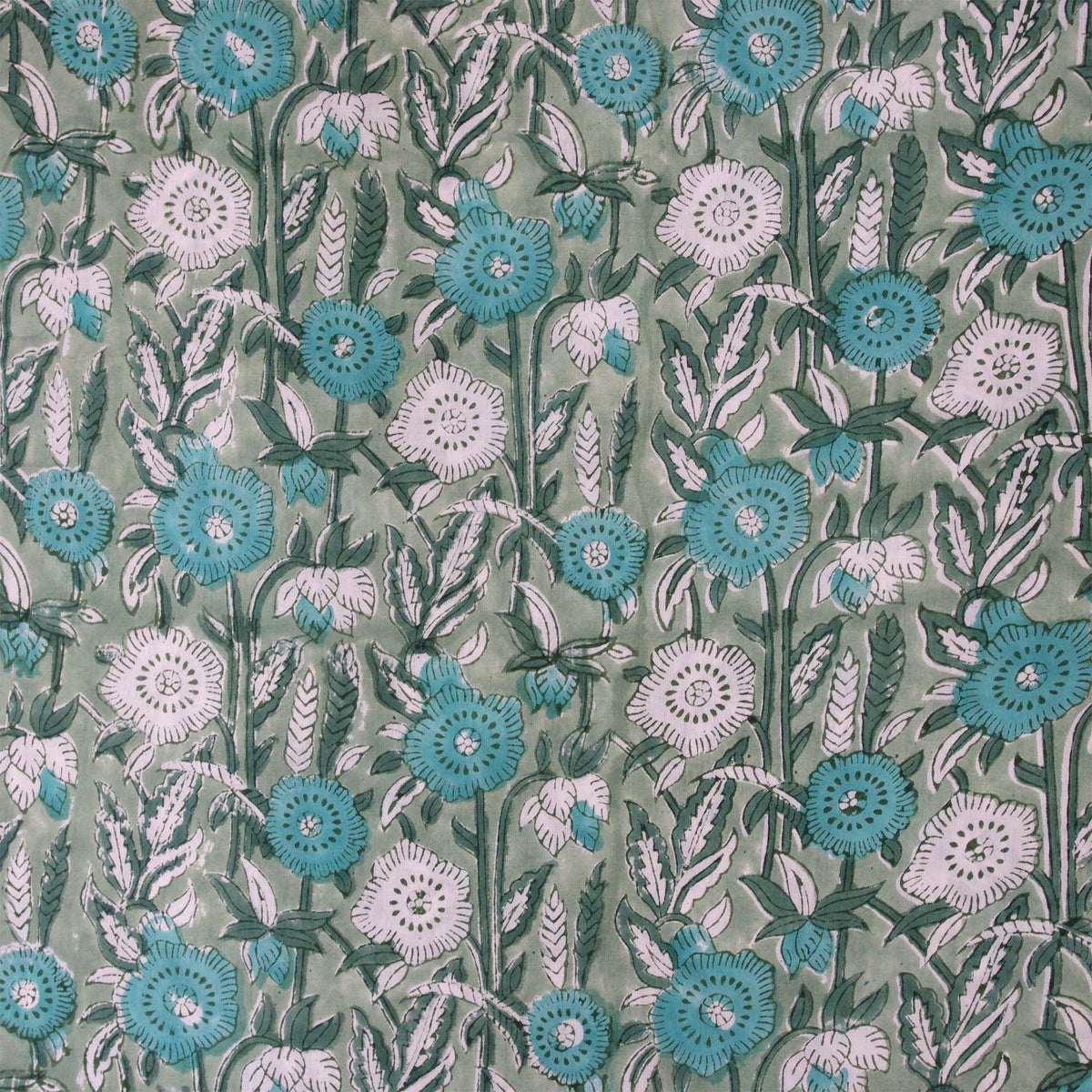 Indian Hand Block Printed 100 % Cotton Fabric - Sage Green Floral (Design 766)