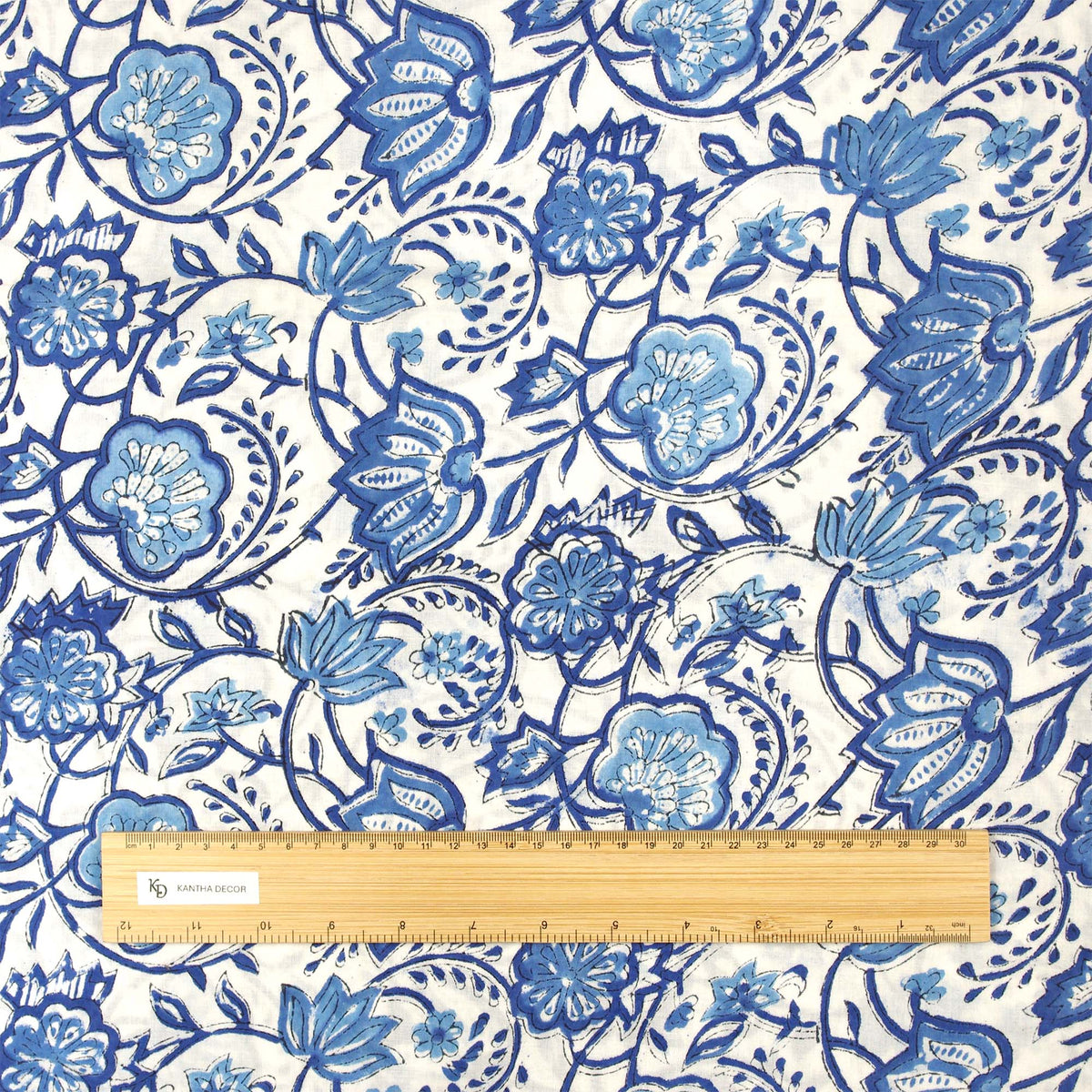Indian Hand Block Printed 100 % Cotton Fabric - Blue Coral Floral (Design 767)