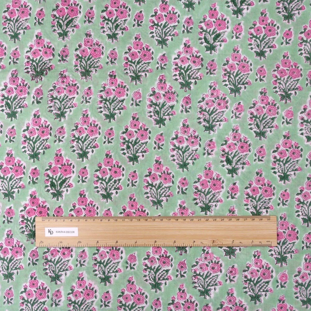 Indian Hand Block Printed 100 % Cotton Fabric - Sea Green Rose Bouquet (Design 771)