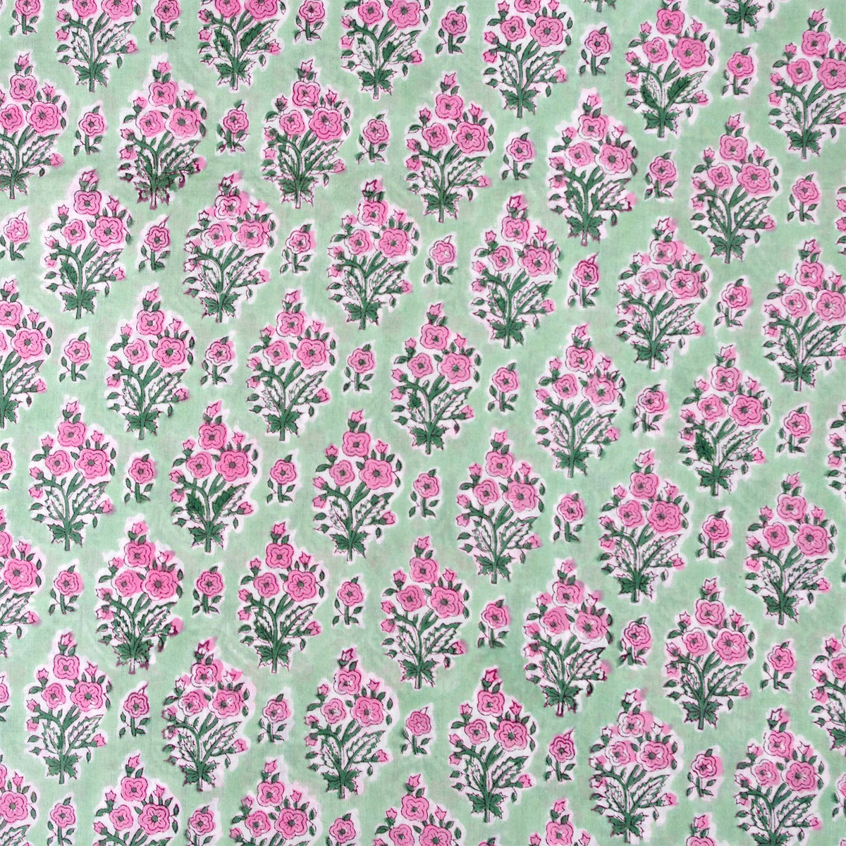 Indian Hand Block Printed 100 % Cotton Fabric - Sea Green Rose Bouquet (Design 771)