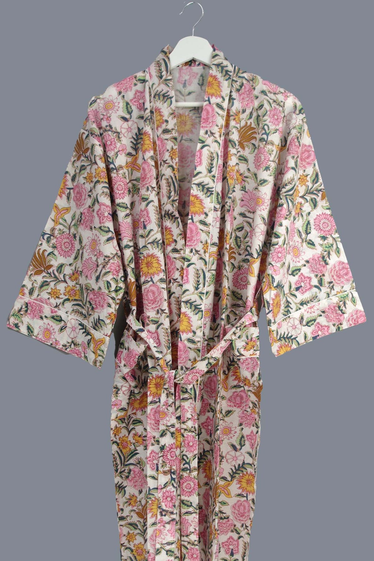 Charming Wildflower Block Print Cotton Kimono Dressing Gown