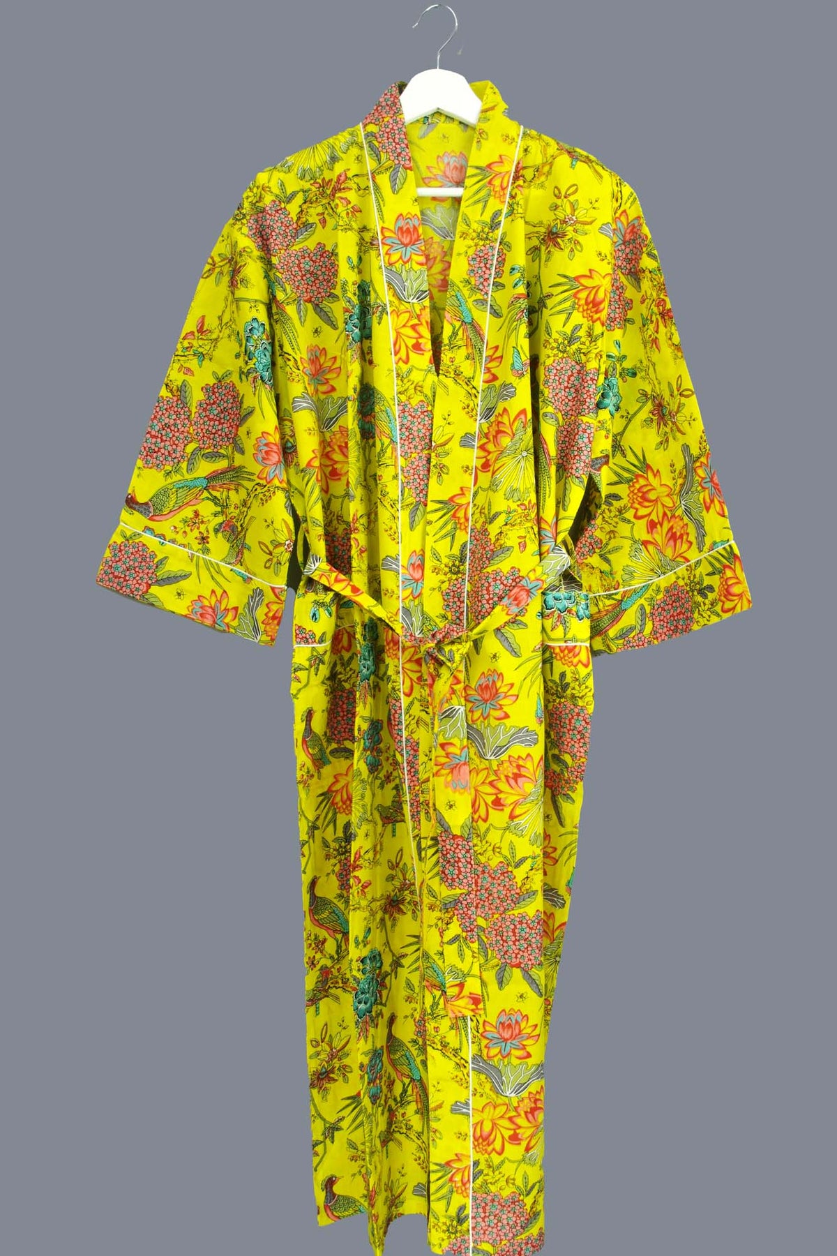 Bird & Blossom Tropical On Mustard Yellow Print Cotton Kimono Dressing Gown