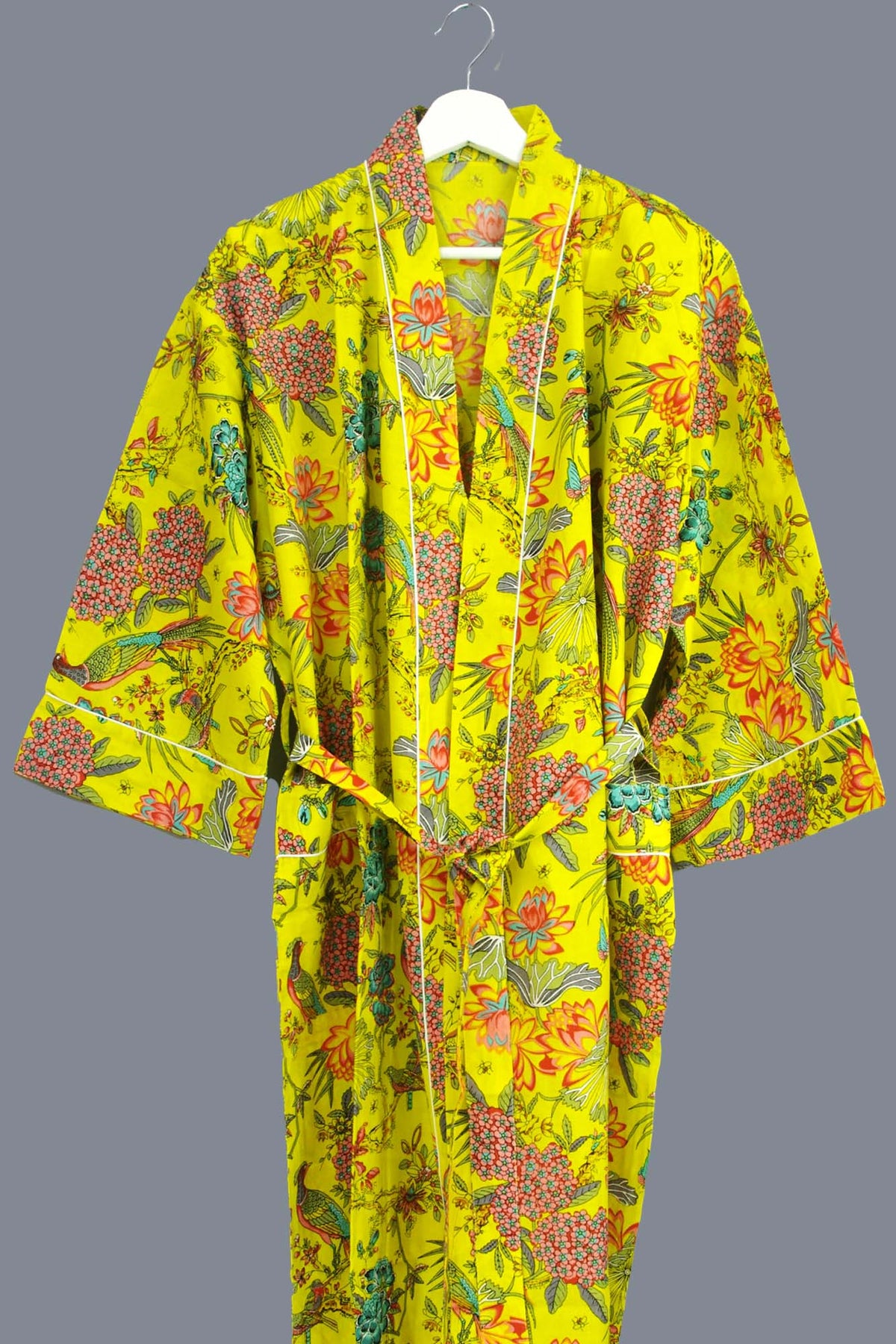 Bird & Blossom Tropical On Mustard Yellow Print Cotton Kimono Dressing Gown