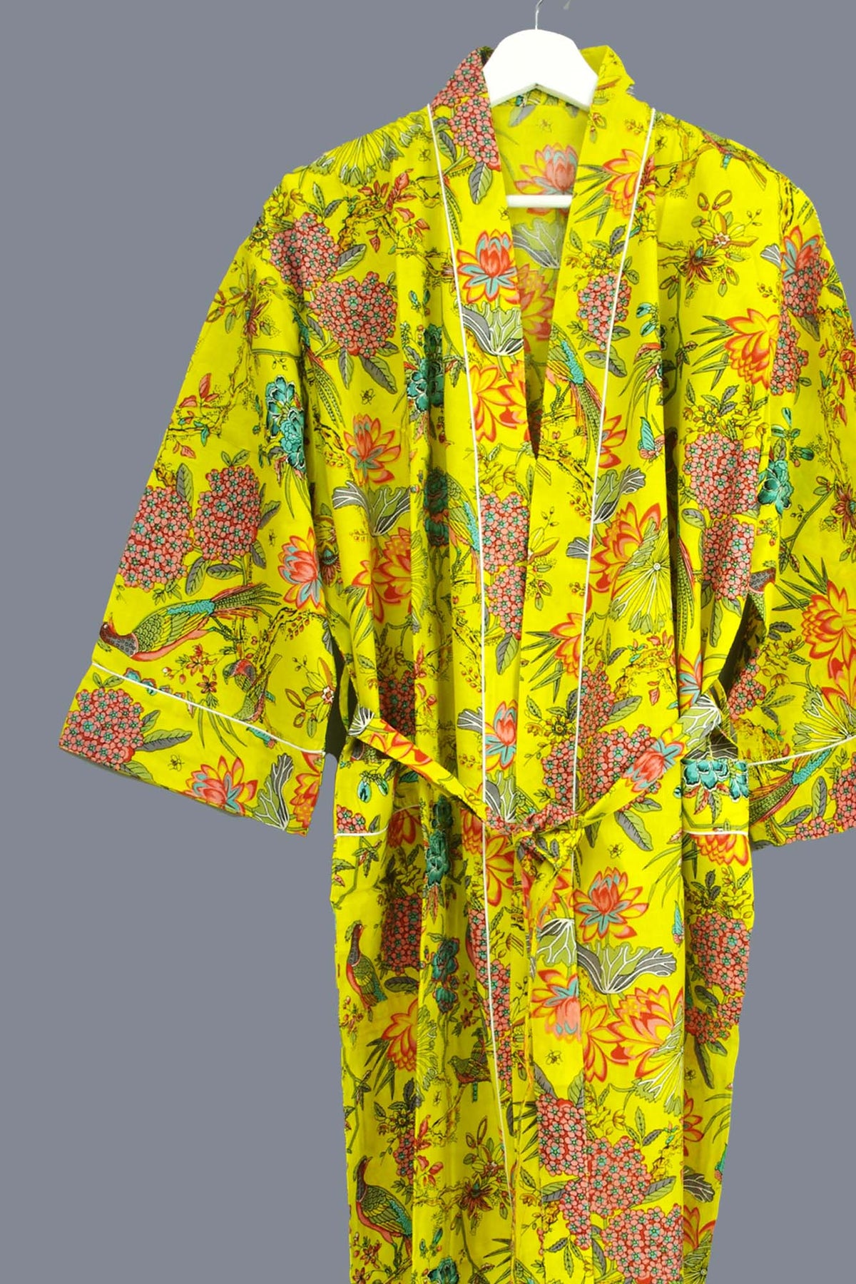 Bird & Blossom Tropical On Mustard Yellow Print Cotton Kimono Dressing Gown