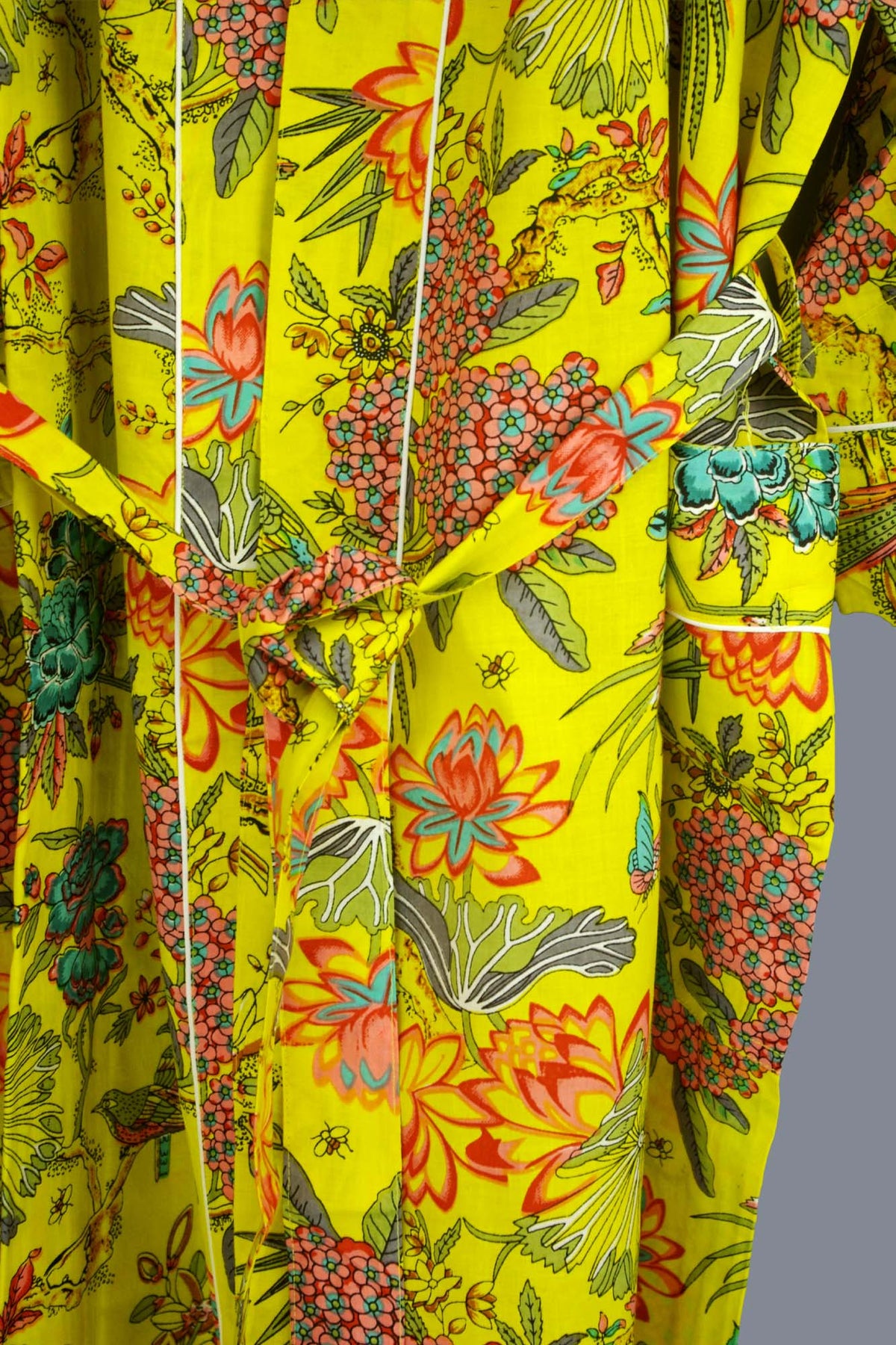 Bird & Blossom Tropical On Mustard Yellow Print Cotton Kimono Dressing Gown