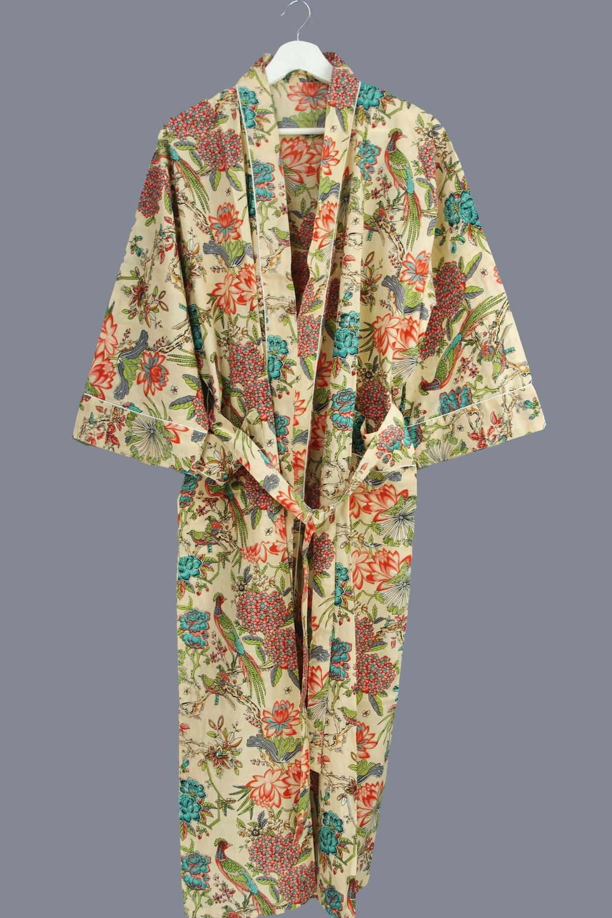 Bird & Blossom Tropical On Beige Print Cotton Kimono Dressing Gown