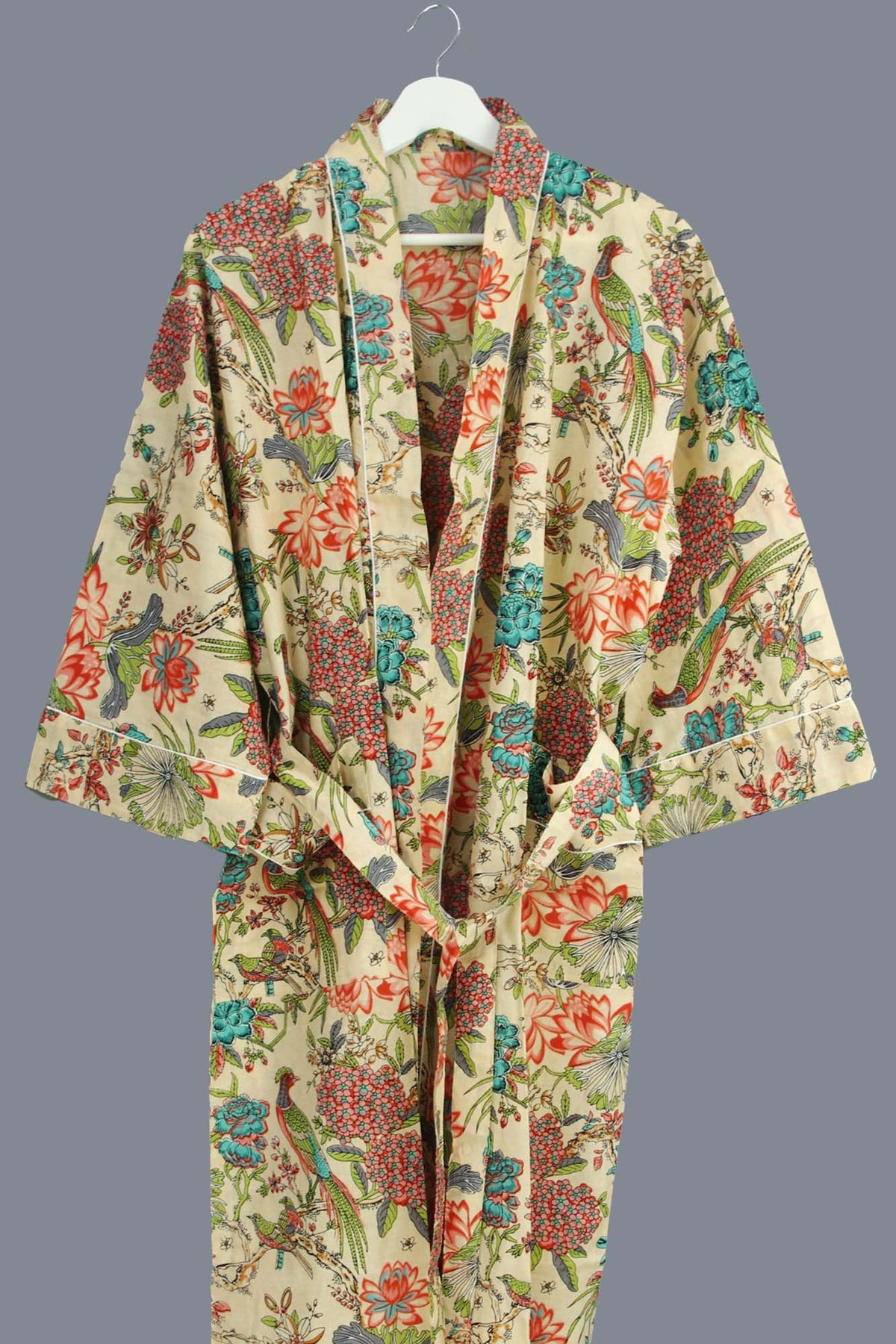 Bird & Blossom Tropical On Beige Print Cotton Kimono Dressing Gown