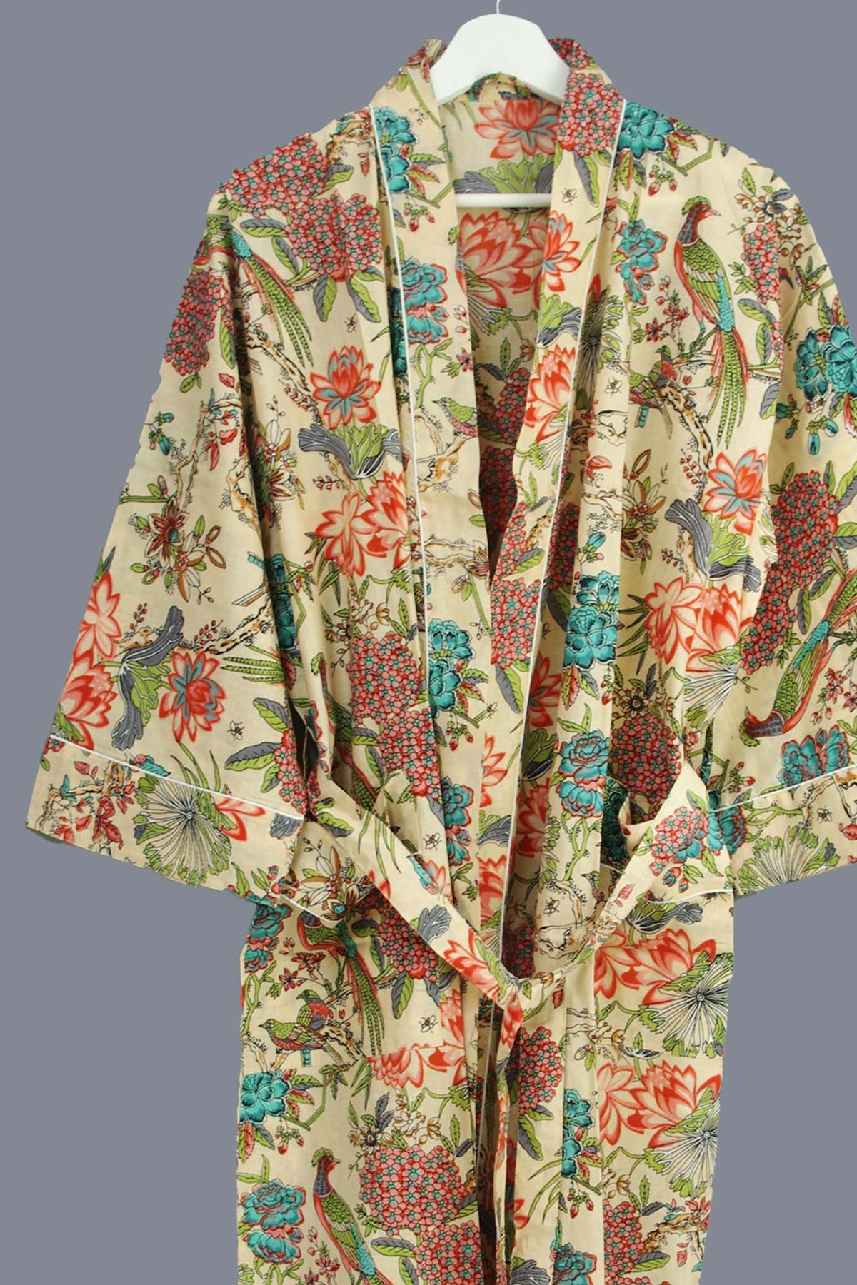 Bird & Blossom Tropical On Beige Print Cotton Kimono Dressing Gown