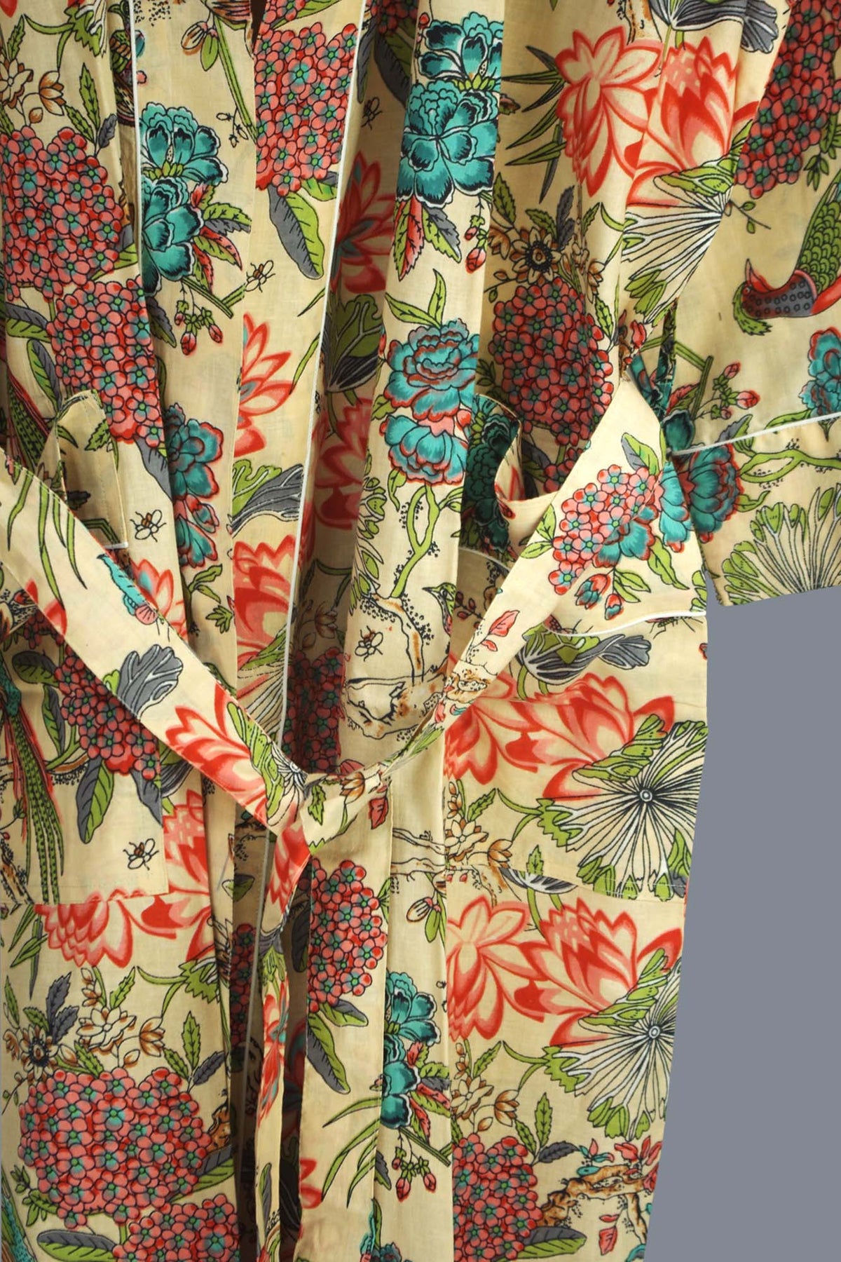 Bird & Blossom Tropical On Beige Print Cotton Kimono Dressing Gown