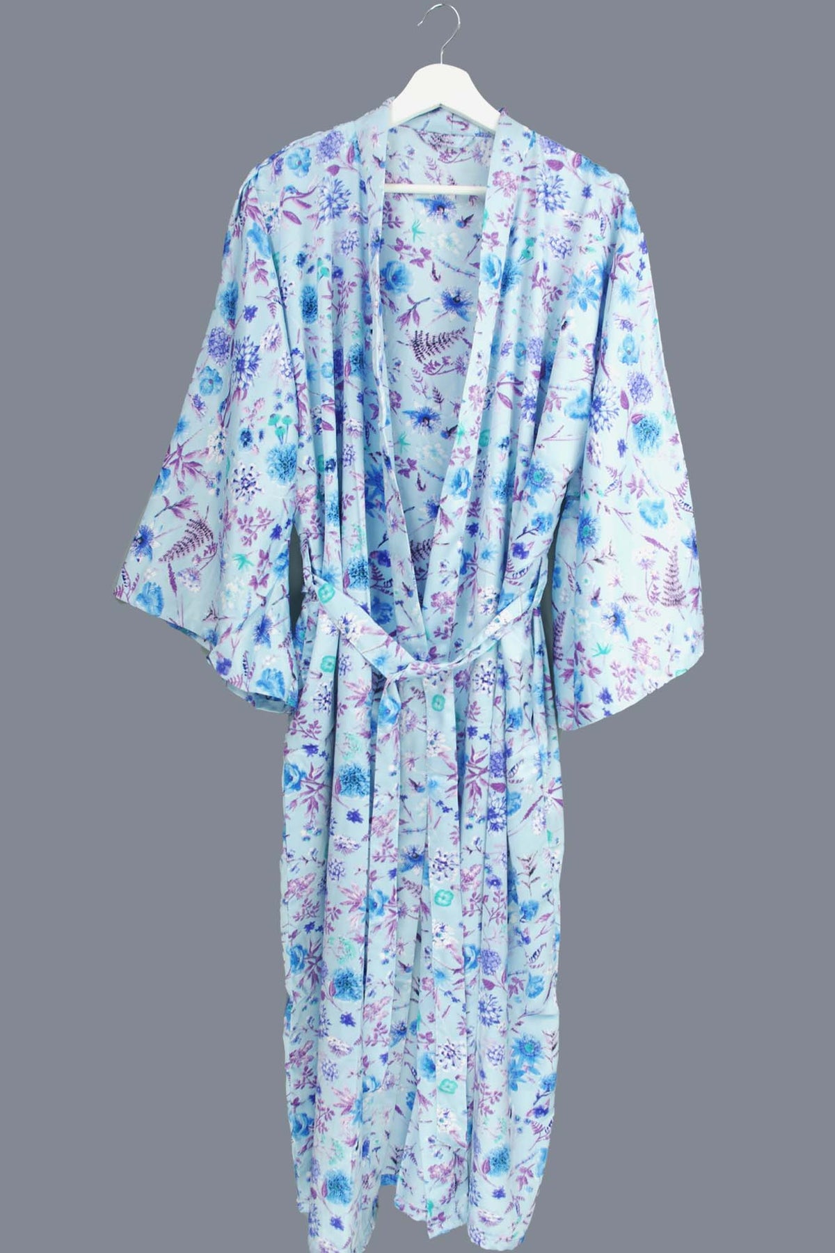 New Luxury Silk Boho Kimono House Robe - Sky Blue Mist Floral