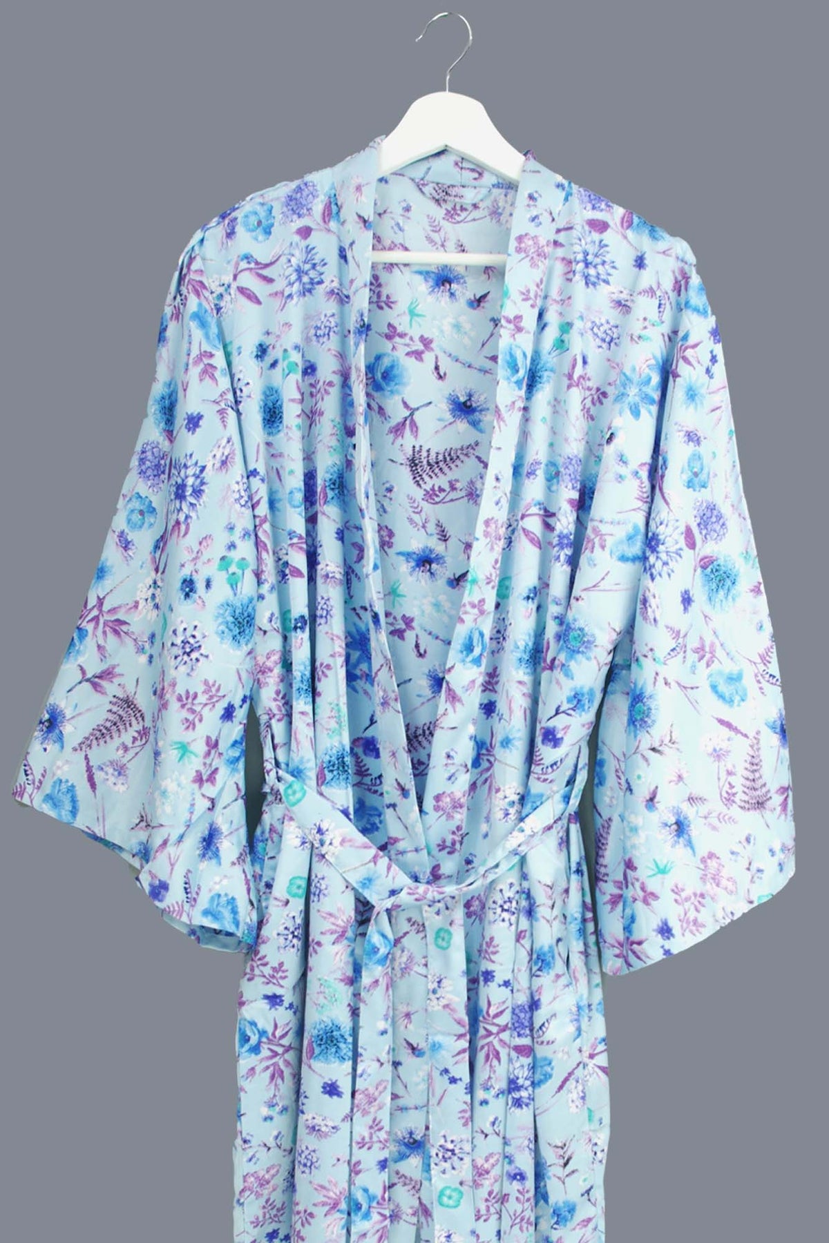 New Luxury Silk Boho Kimono House Robe - Sky Blue Mist Floral