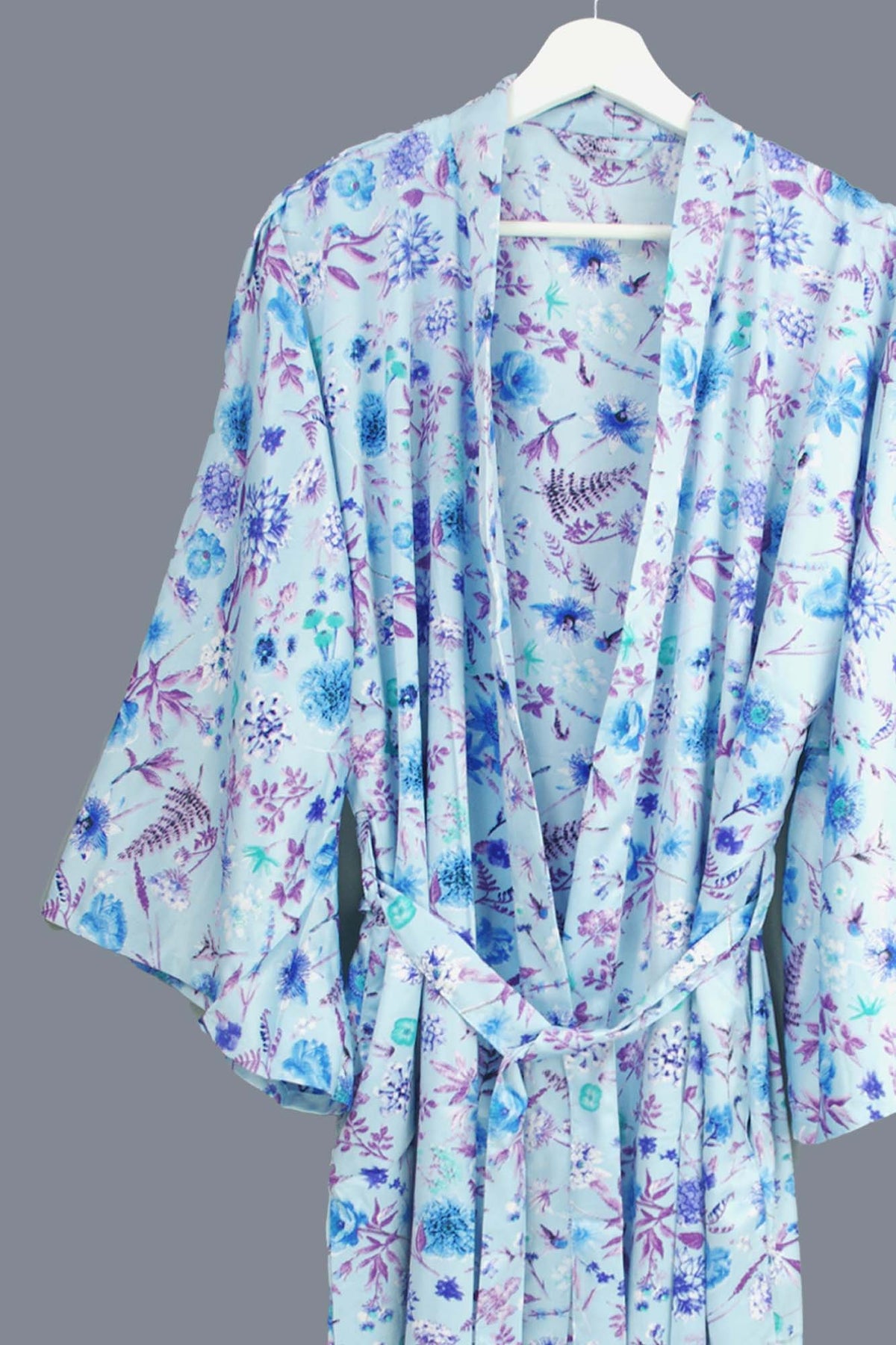 New Luxury Silk Boho Kimono House Robe - Sky Blue Mist Floral