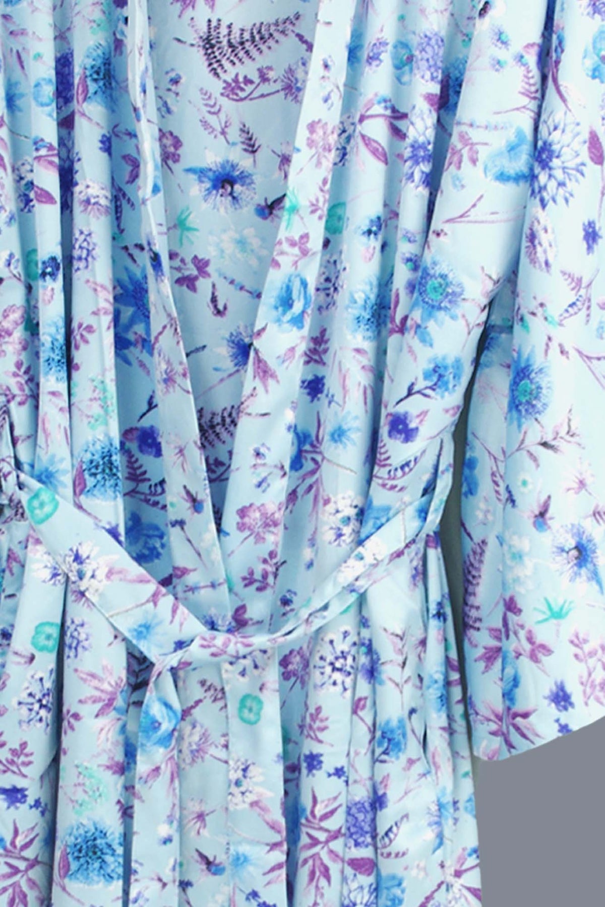 New Luxury Silk Boho Kimono House Robe - Sky Blue Mist Floral