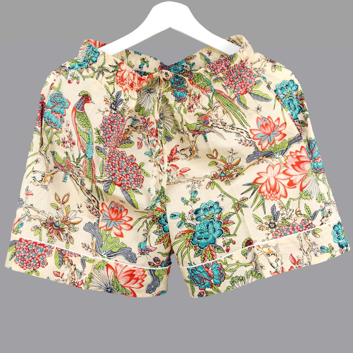 Short Cotton PJ Set With Pouch - Beige Bird Print