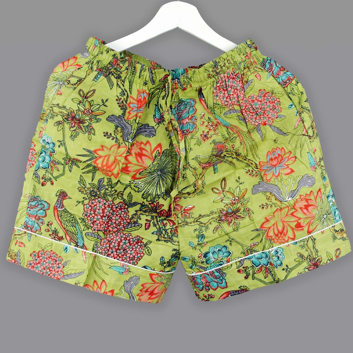 Langes bläulich-graues Pyjama-Set mit rosafarbenem Blumen-Blockdruck-Design