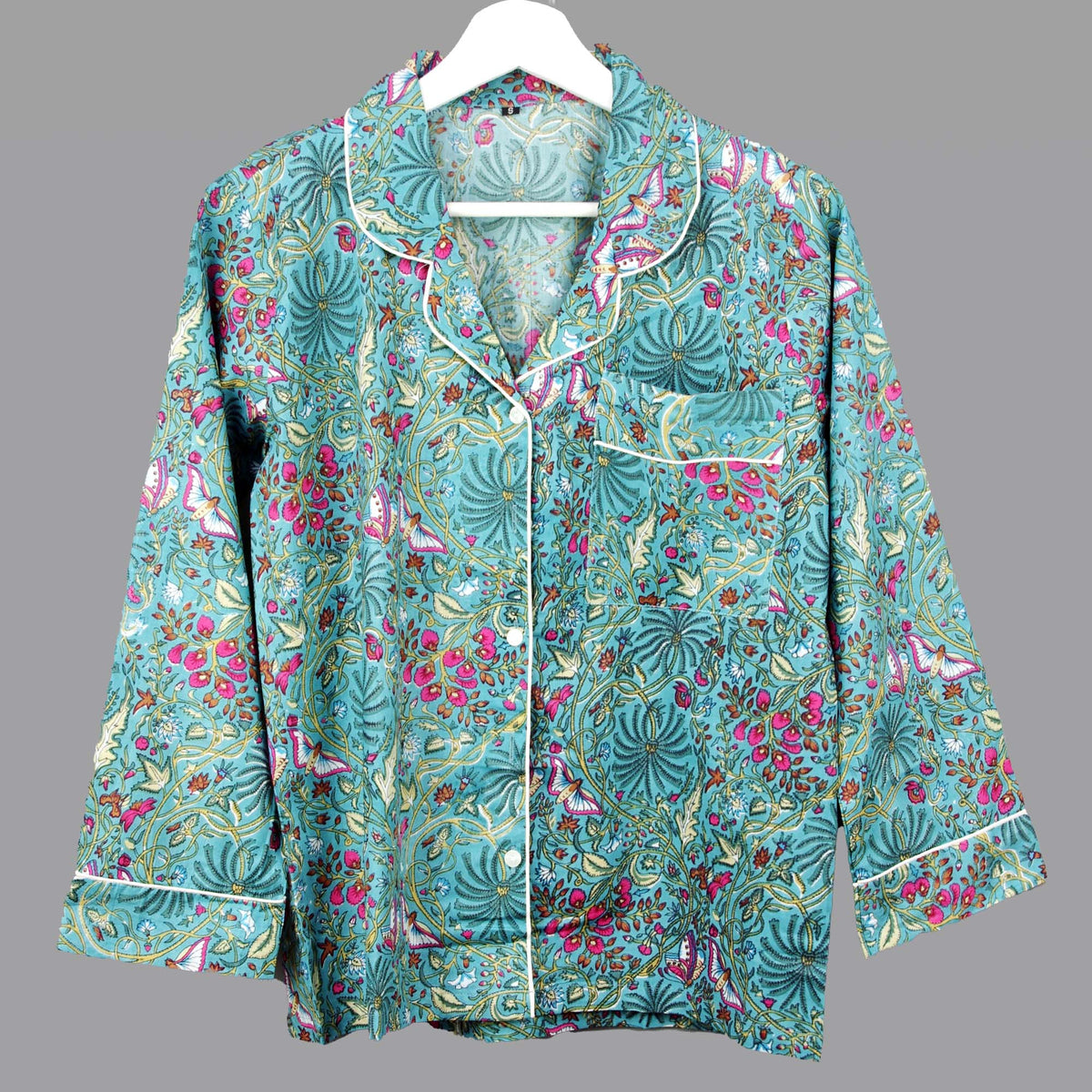 Long Cotton Pyjama Set - Palm Tree Print On Aqua Teal