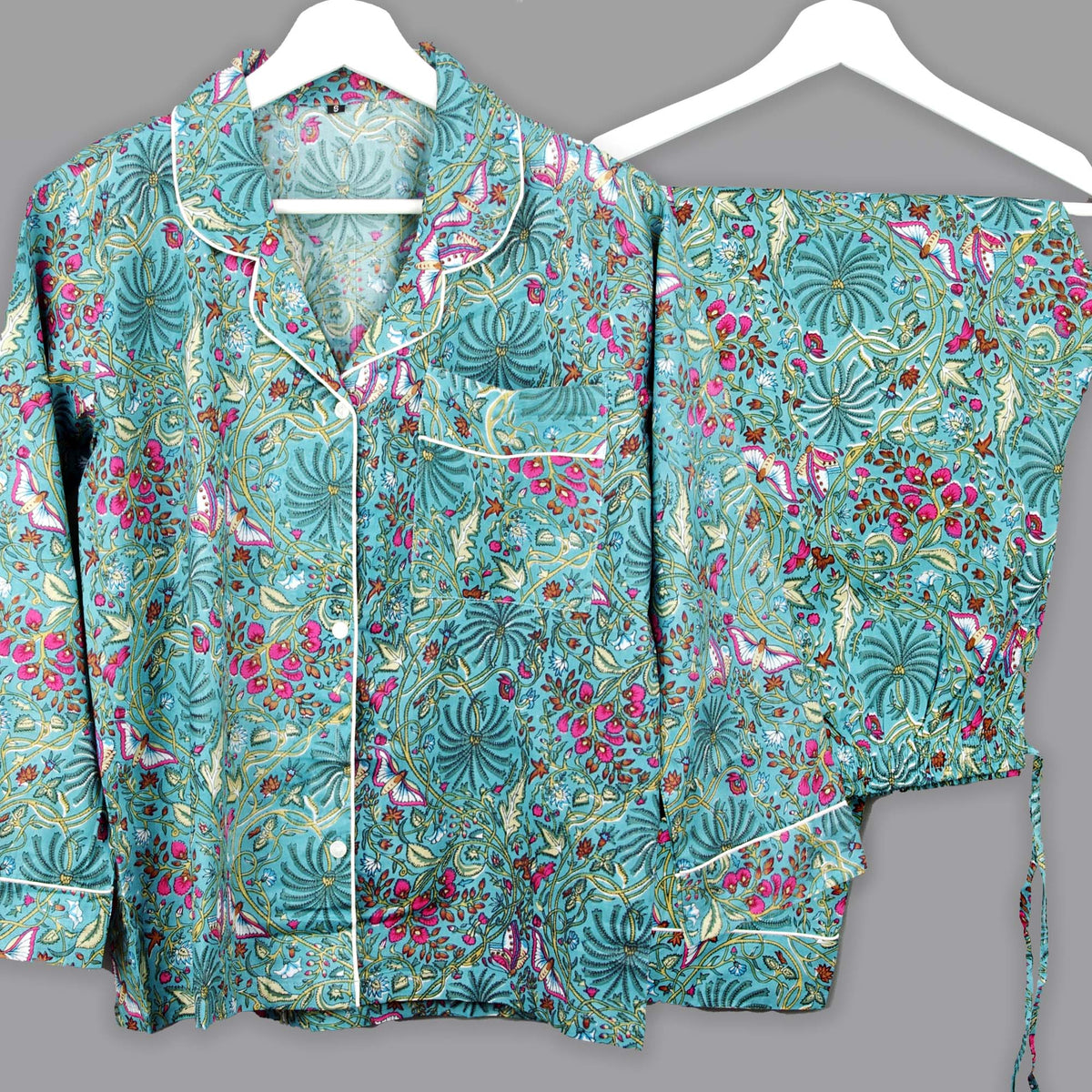 Long Cotton Pyjama Set - Palm Tree Print On Aqua Teal