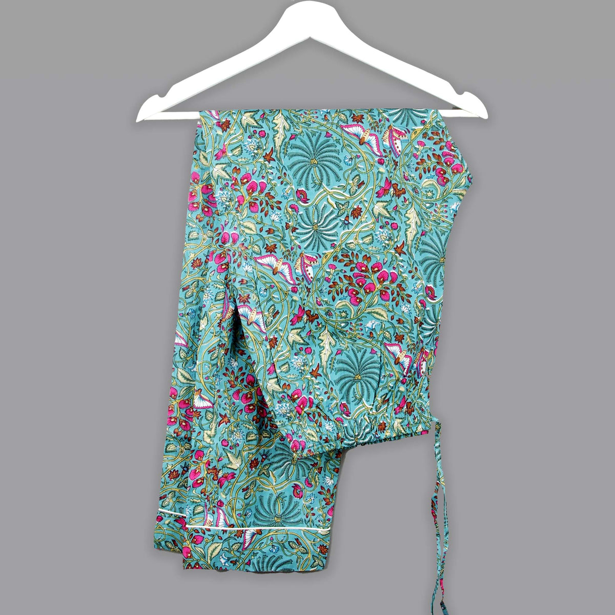 Long Cotton Pyjama Set - Palm Tree Print On Aqua Teal