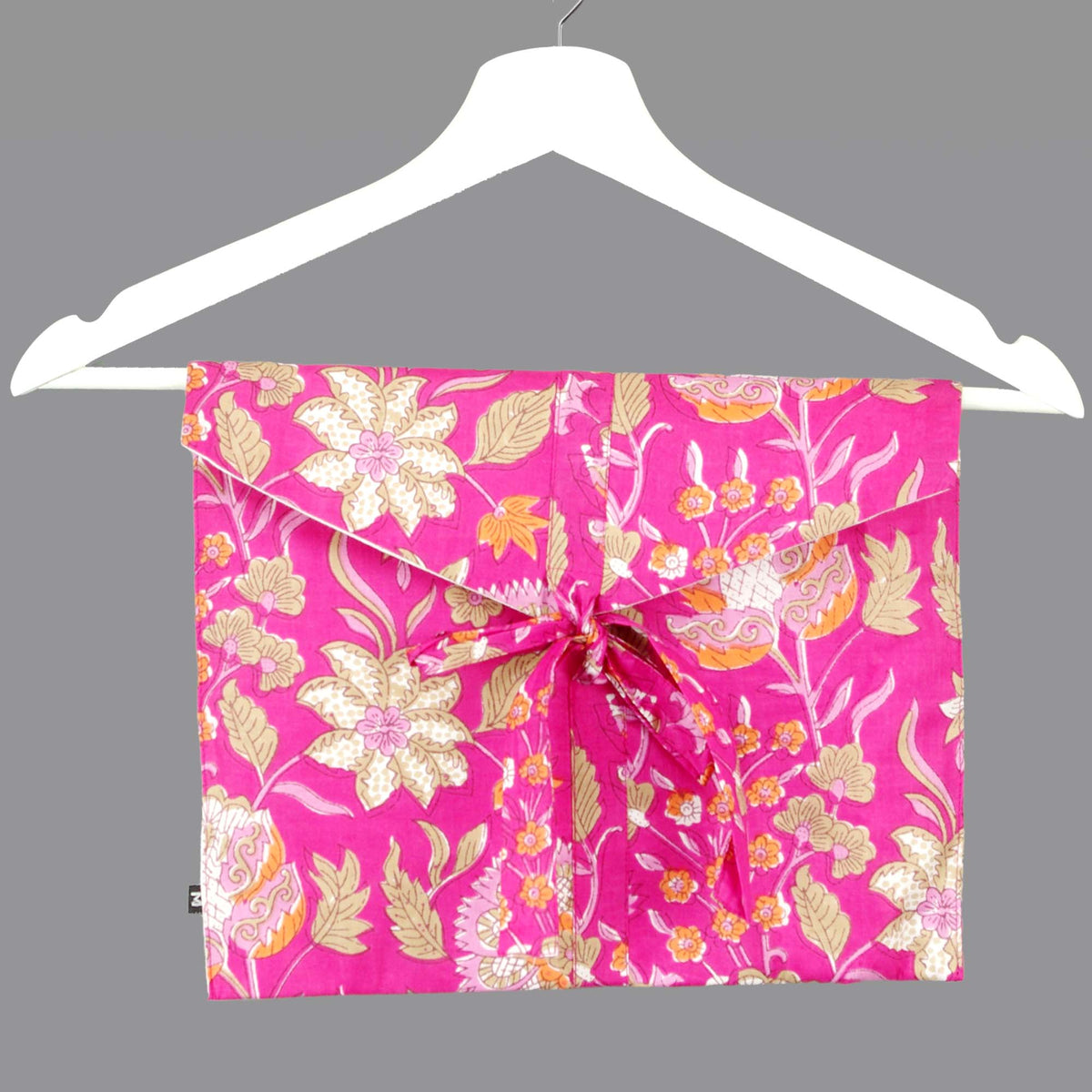 Langes bläulich-graues Pyjama-Set mit rosafarbenem Blumen-Blockdruck-Design