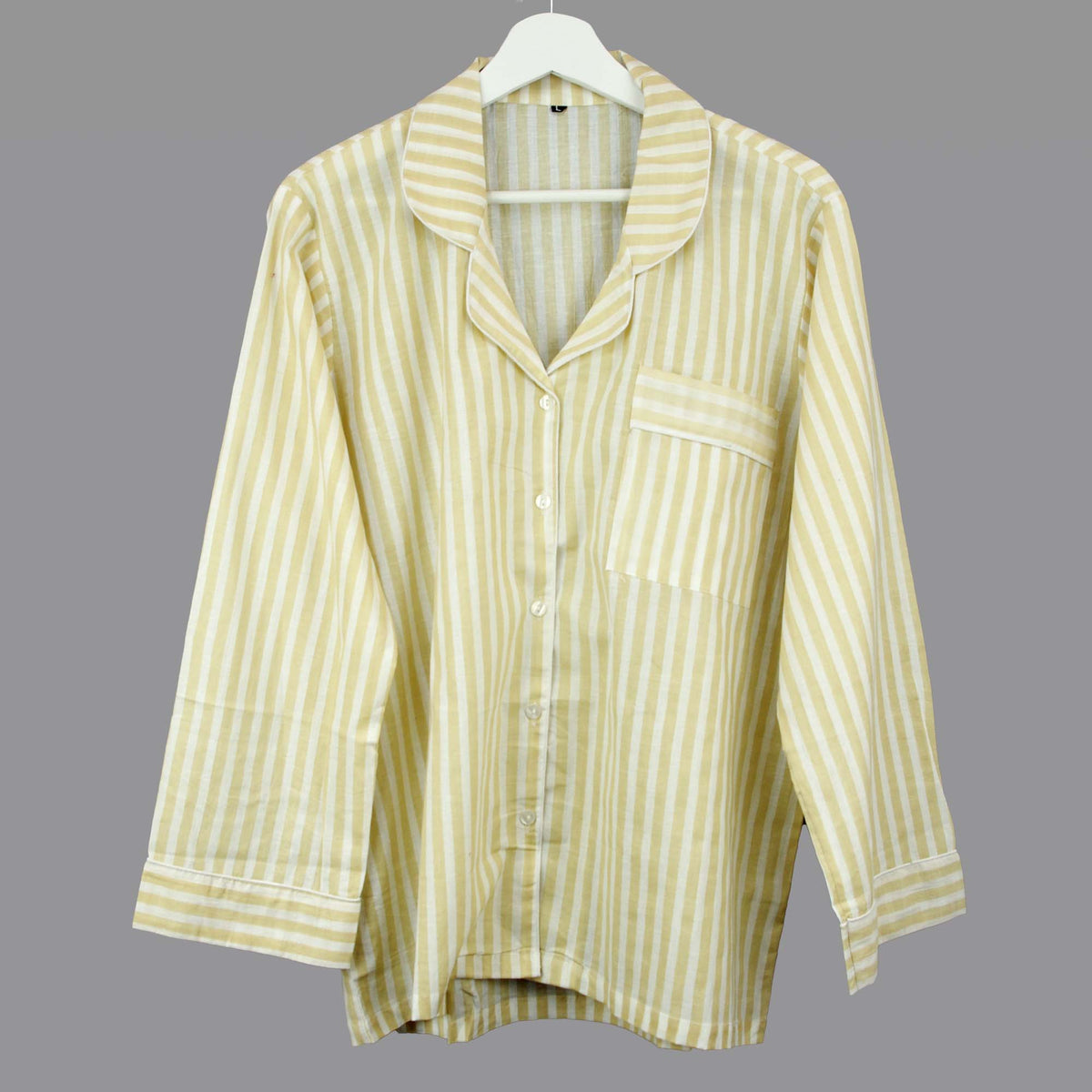 Long Cotton Pyjama Set - Beige & White Stripes