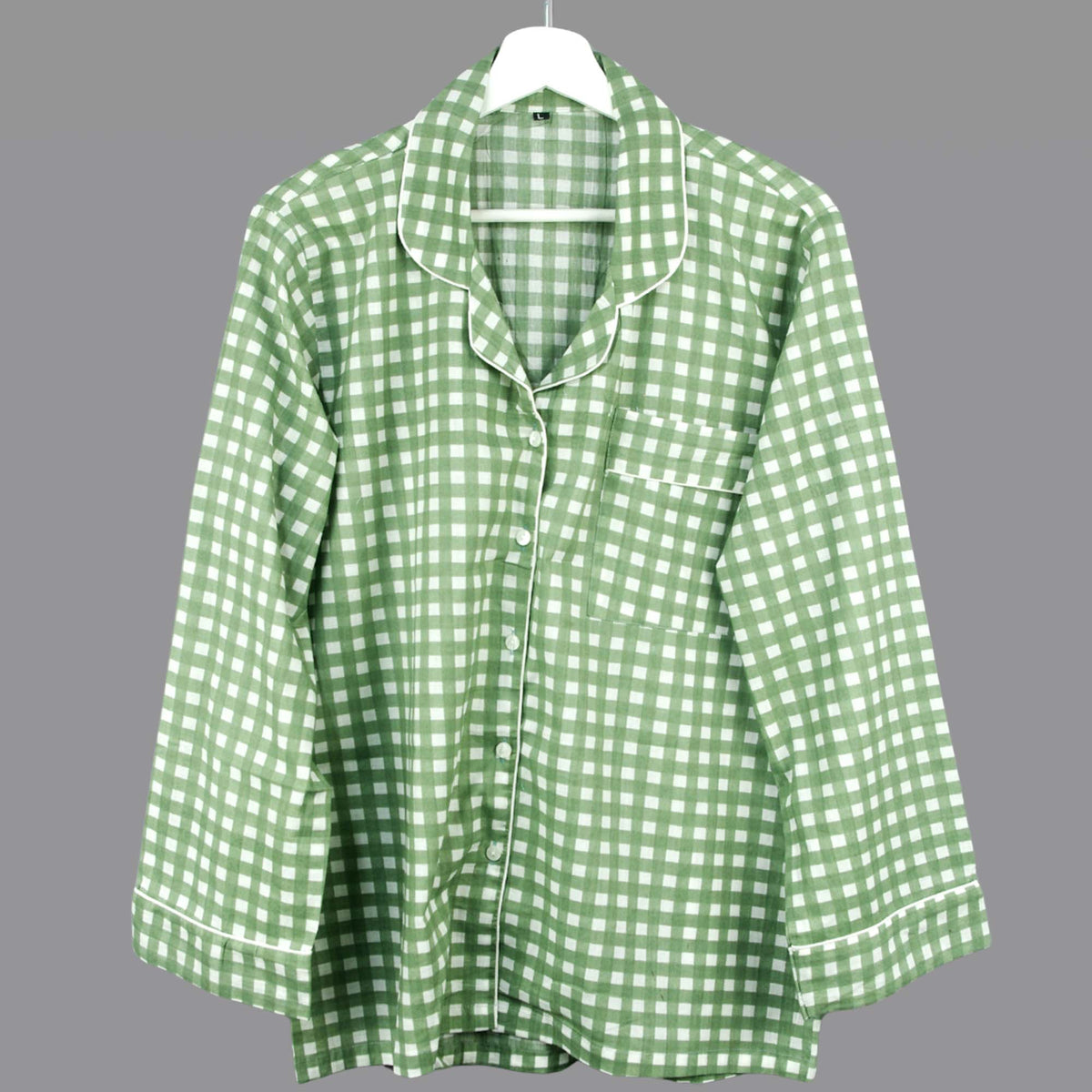 Langes bläulich-graues Pyjama-Set mit rosafarbenem Blumen-Blockdruck-Design