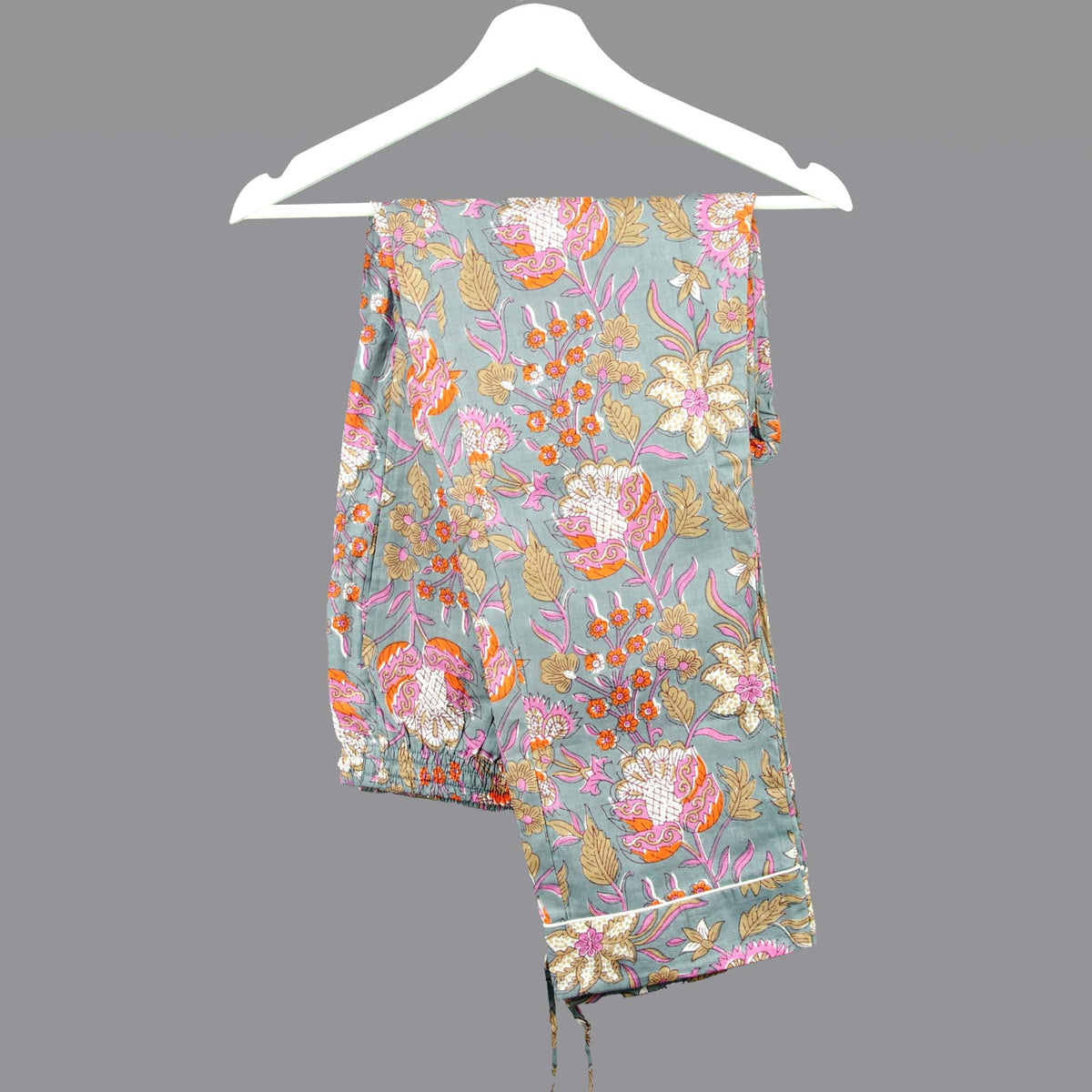 Long Cotton Pyjama Set - Grey With Pink & Orange Flowers