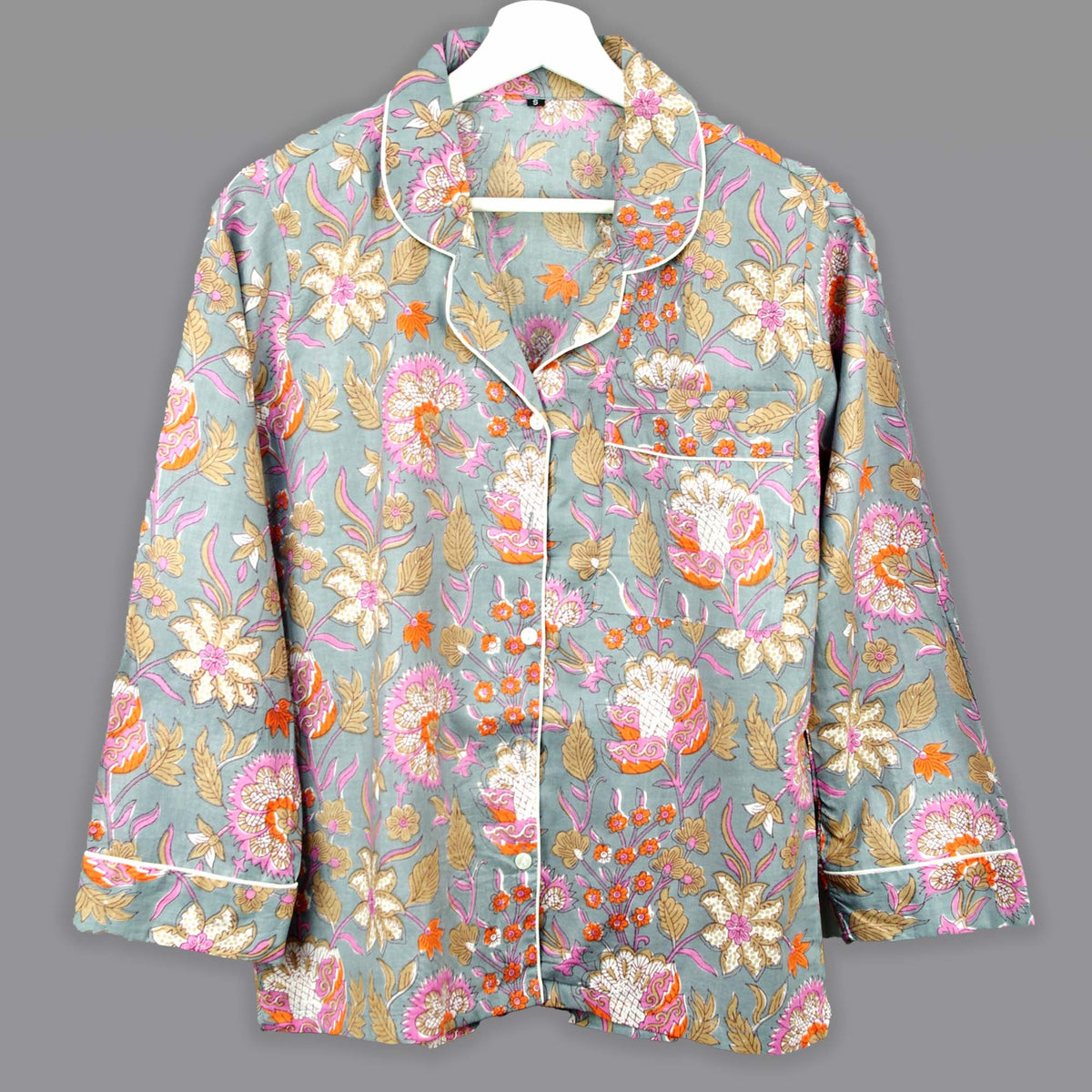 Long Cotton Pyjama Set - Grey With Pink & Orange Flowers