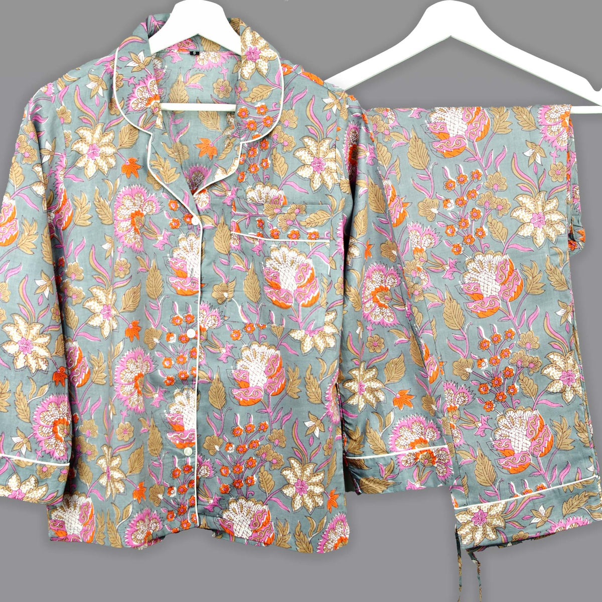 Long Cotton Pyjama Set - Grey With Pink & Orange Flowers