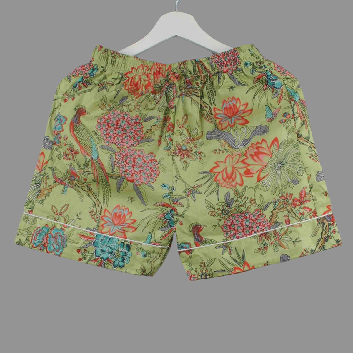 Langes bläulich-graues Pyjama-Set mit rosafarbenem Blumen-Blockdruck-Design