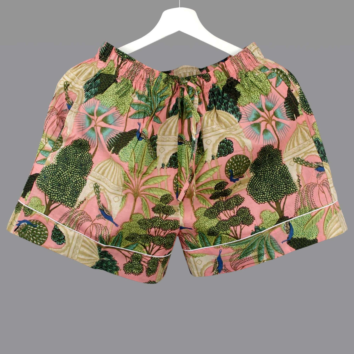 Langes bläulich-graues Pyjama-Set mit rosafarbenem Blumen-Blockdruck-Design