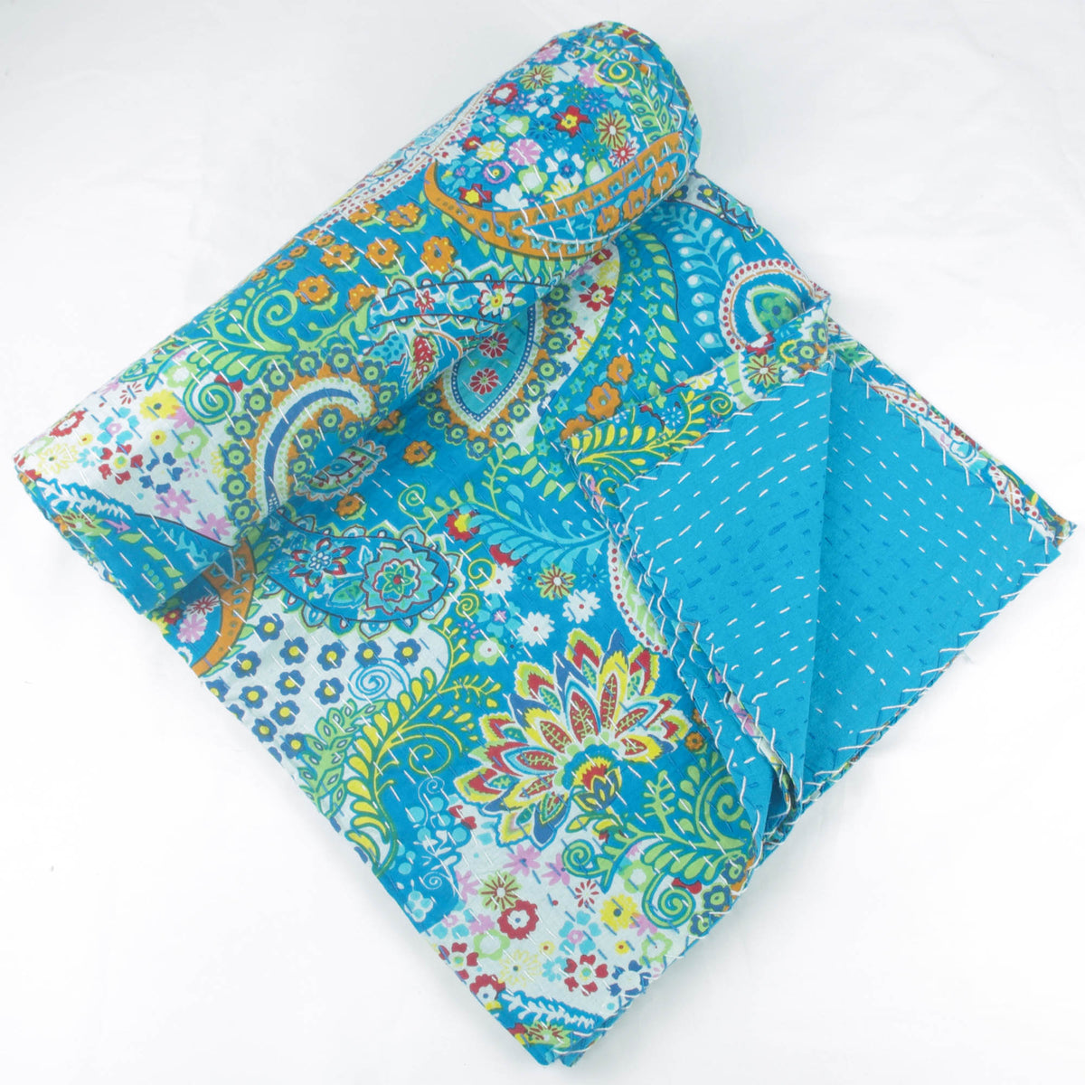 Turquoise Paisley Print Indian Kantha Quilt - Single Bed Size
