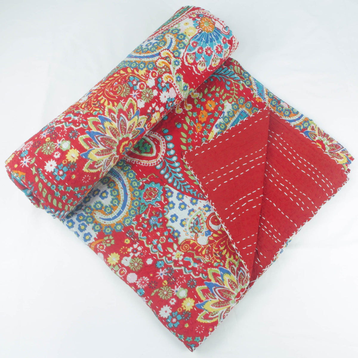 Red Paisley Print Indian Kantha Quilt - Single Bed Size