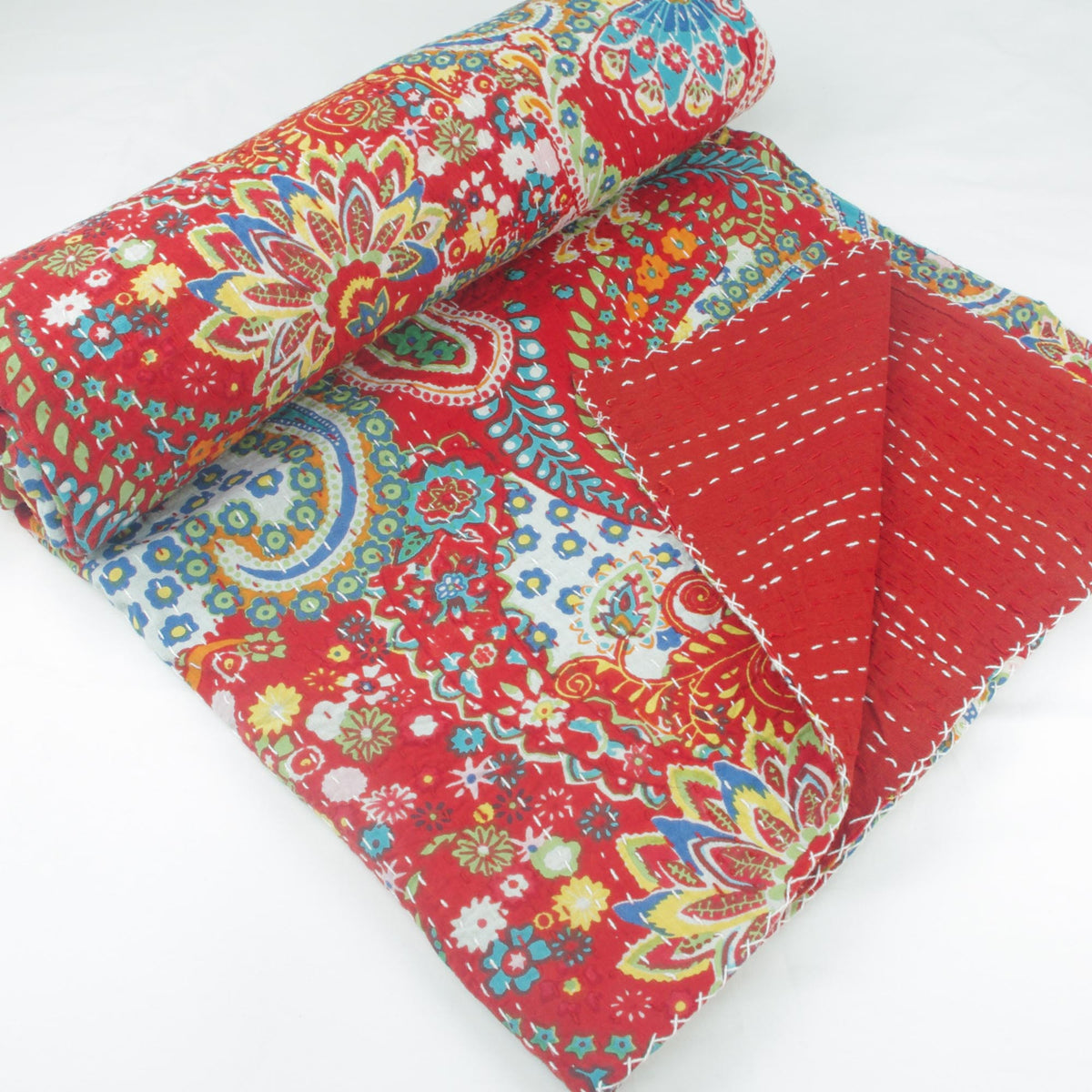 Red Paisley Print Indian Kantha Quilt - Single Bed Size