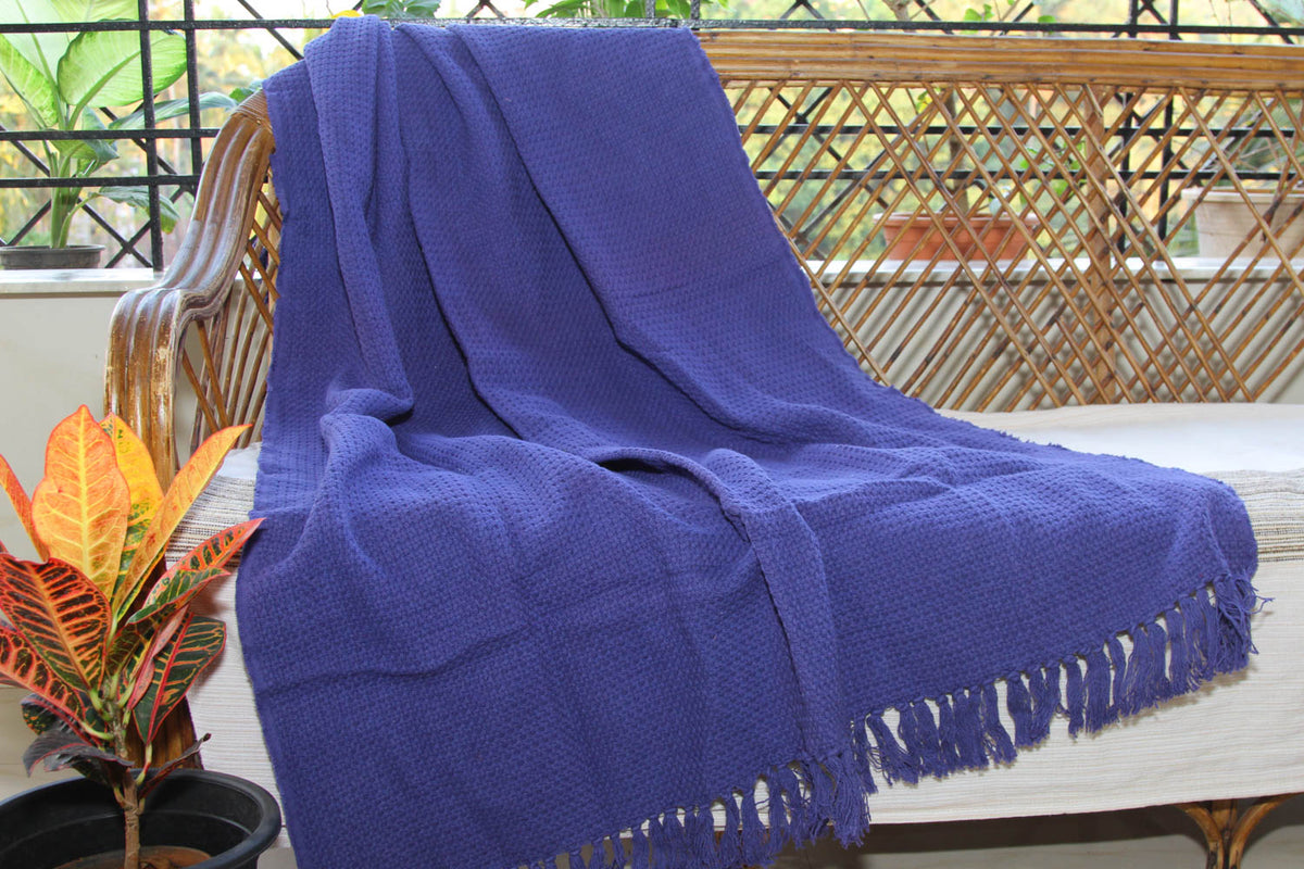 Cotton Handloom Plain Dye  Stonewash Throw- Navy Blue