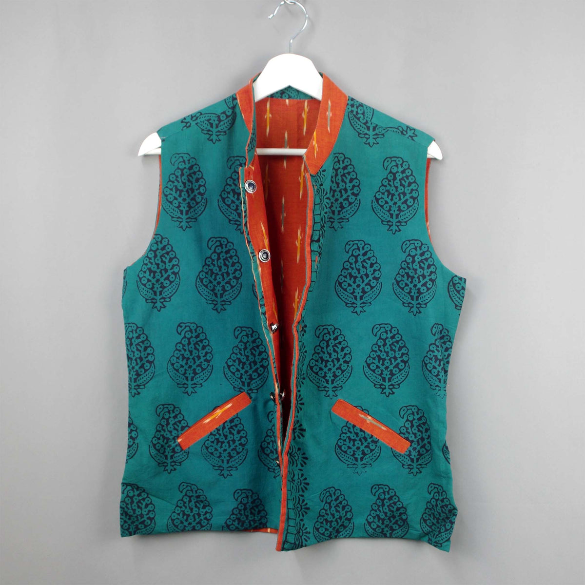 Reversible Ikat and Batik Cotton Short Length Jacket - Teal Green & Orange
