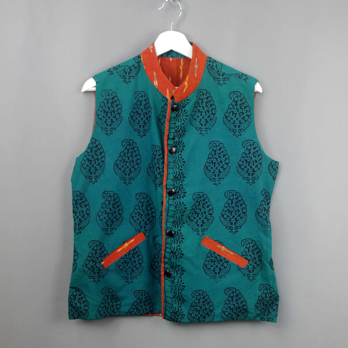 Reversible Ikat and Batik Cotton Short Length Jacket - Teal Green & Orange