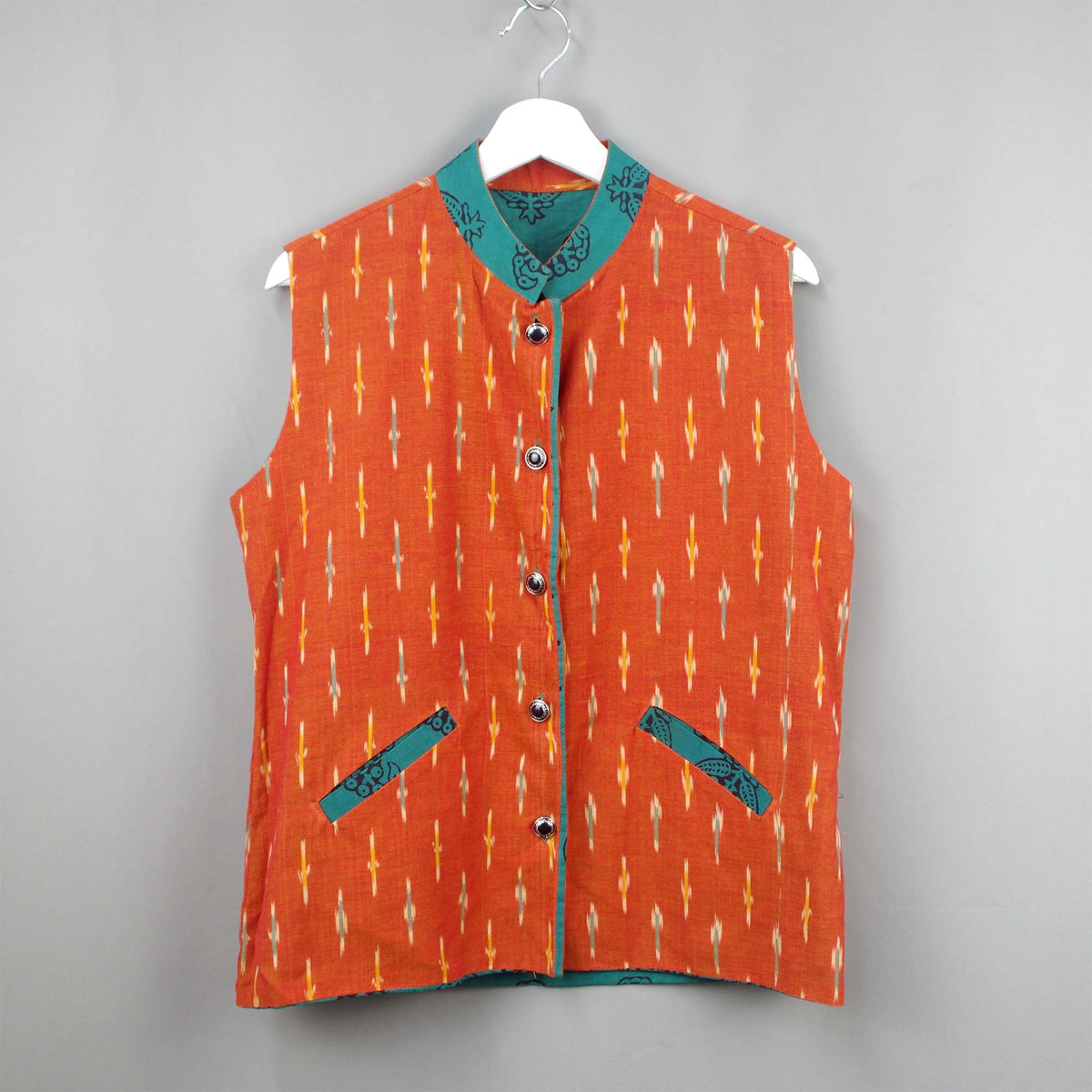 Reversible Ikat and Batik Cotton Short Length Jacket - Teal Green & Orange
