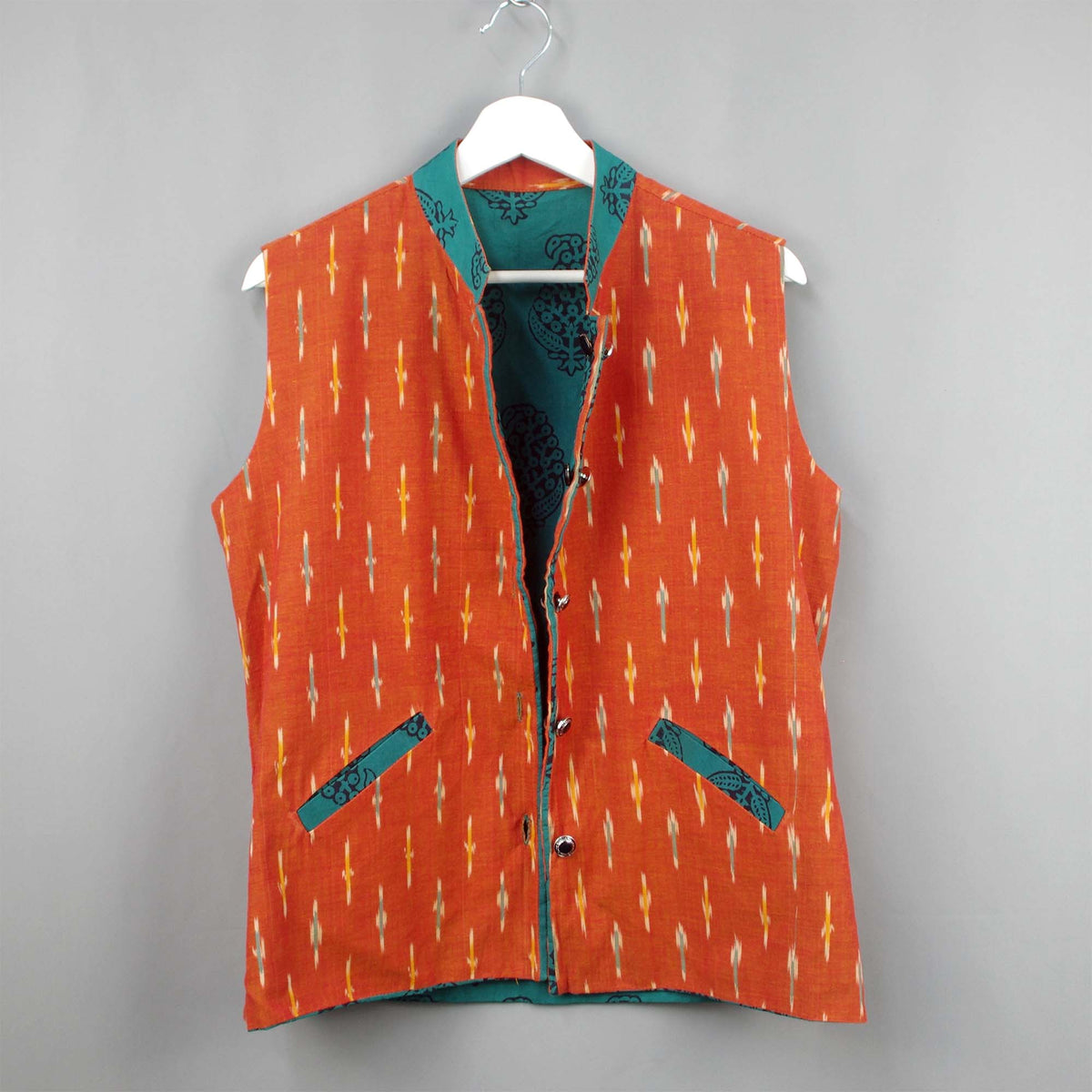 Reversible Ikat and Batik Cotton Short Length Jacket - Teal Green & Orange