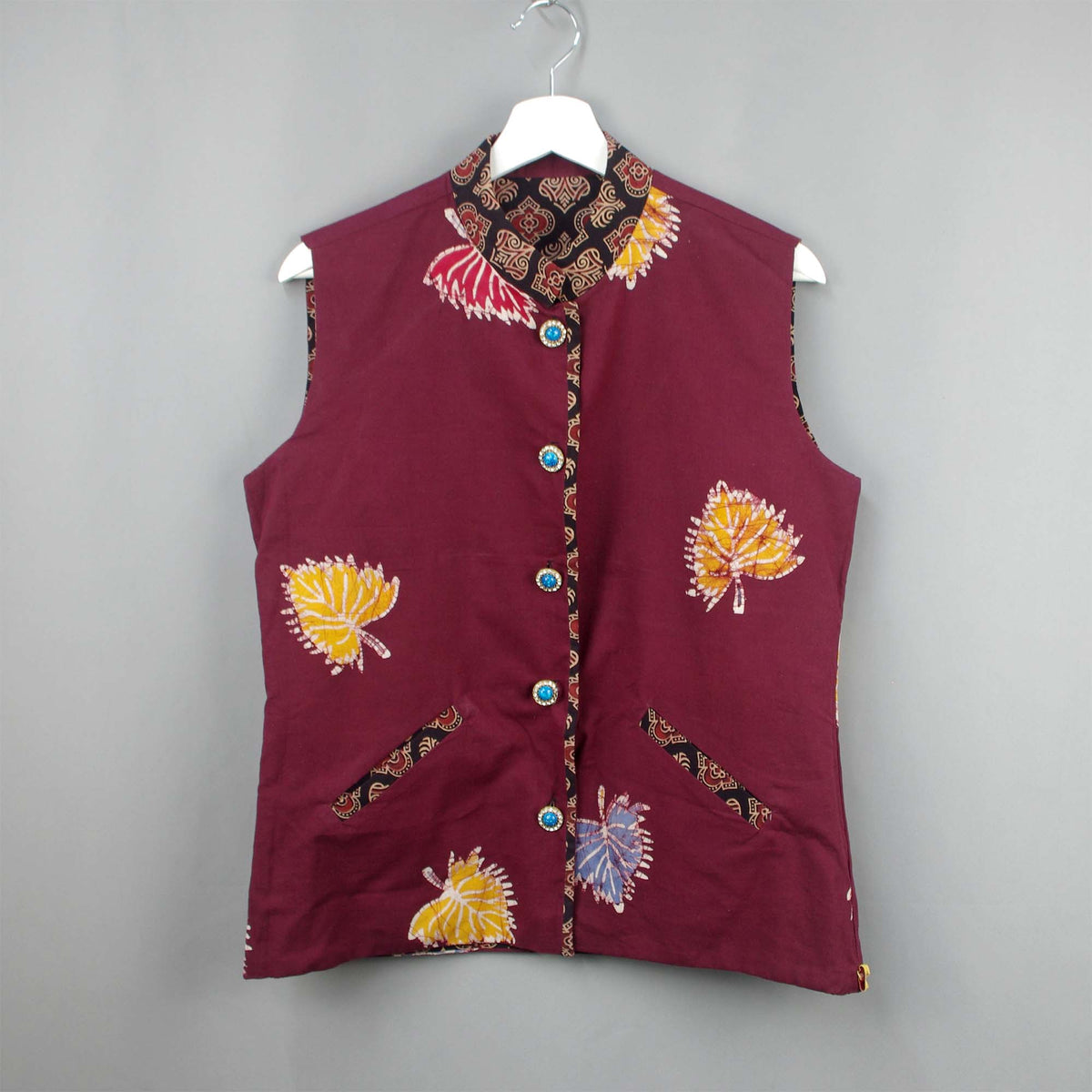 Reversible Ajrakh and Batik Cotton Short Length Jacket - Black & Maroon
