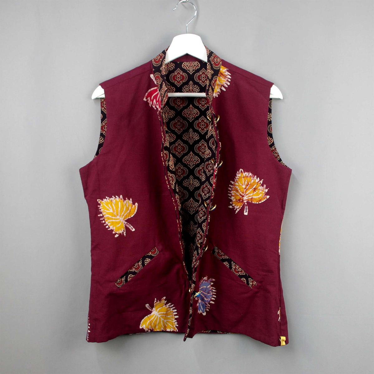 Reversible Ajrakh and Batik Cotton Short Length Jacket - Black & Maroon