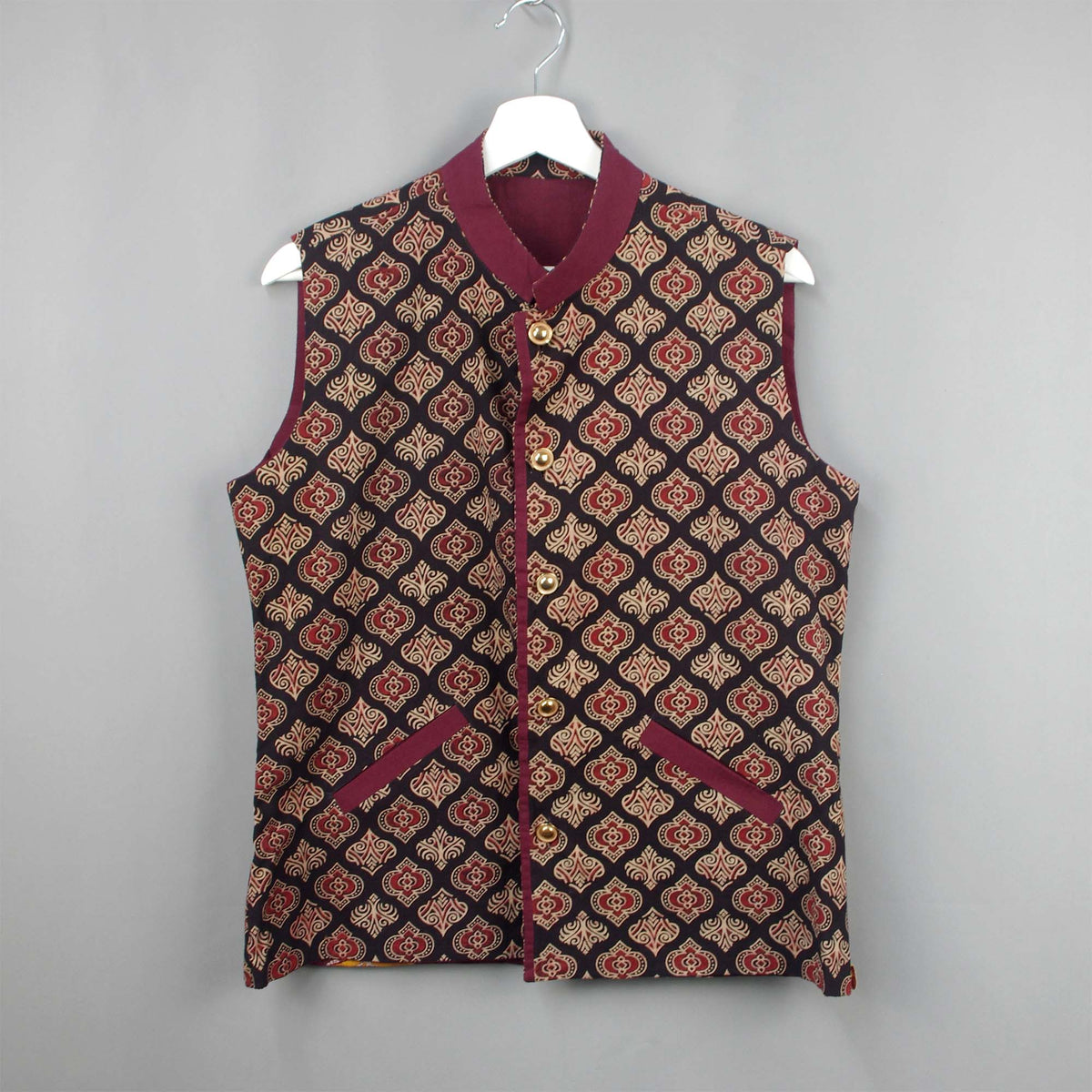 Reversible Ajrakh and Batik Cotton Short Length Jacket - Black & Maroon