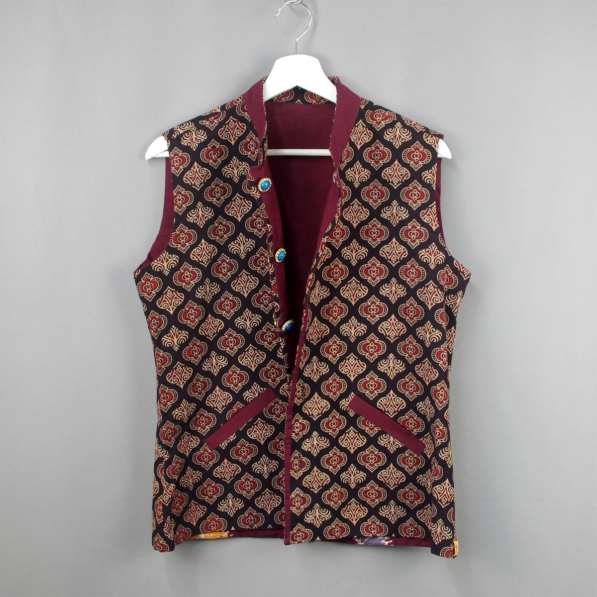 Reversible Ajrakh and Batik Cotton Short Length Jacket - Black & Maroon
