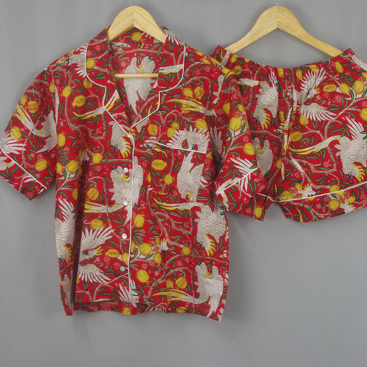 Short Cotton PJ Set With Pouch - Red Macaw