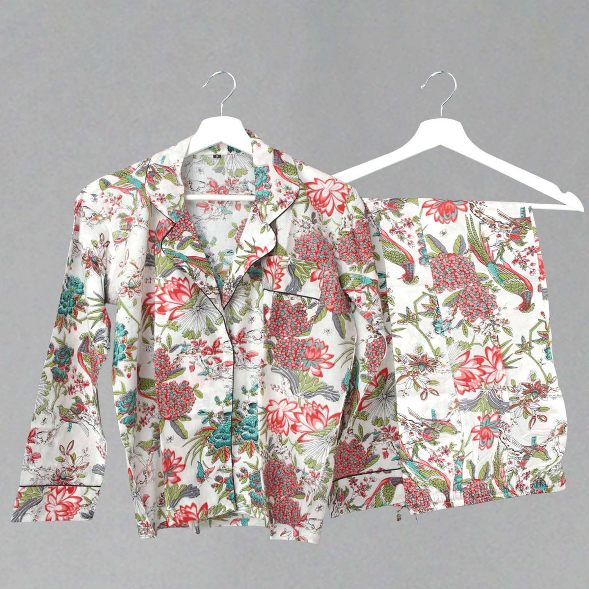 Long Cotton Pyjama Set - Teal Floral On White