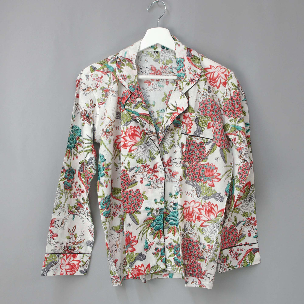 Long Cotton Pyjama Set - Teal Floral On White