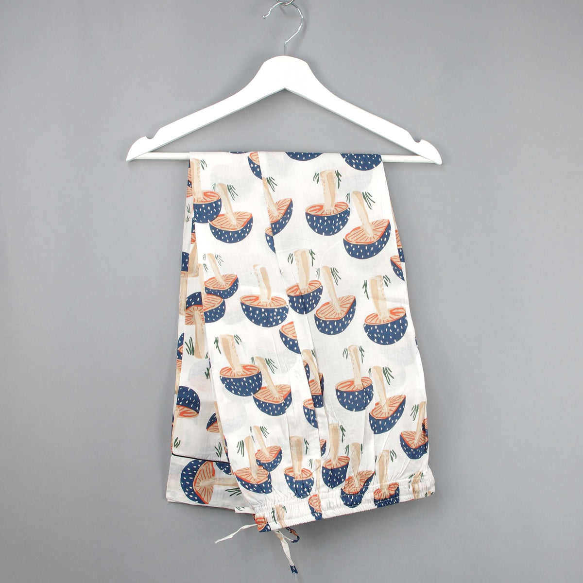 Long Cotton Pyjama Set - Blue Mushroom With White