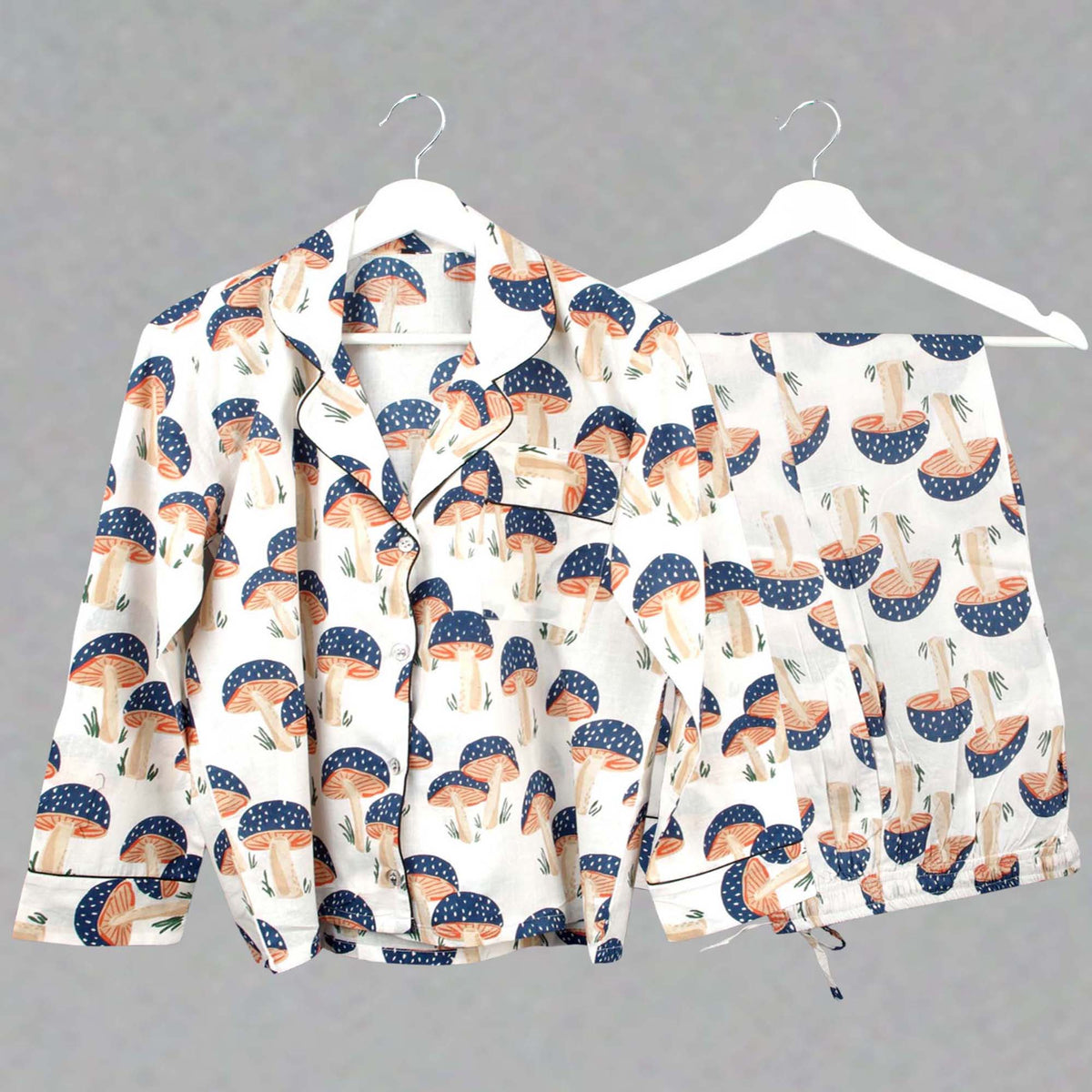 Long Cotton Pyjama Set - Blue Mushroom With White