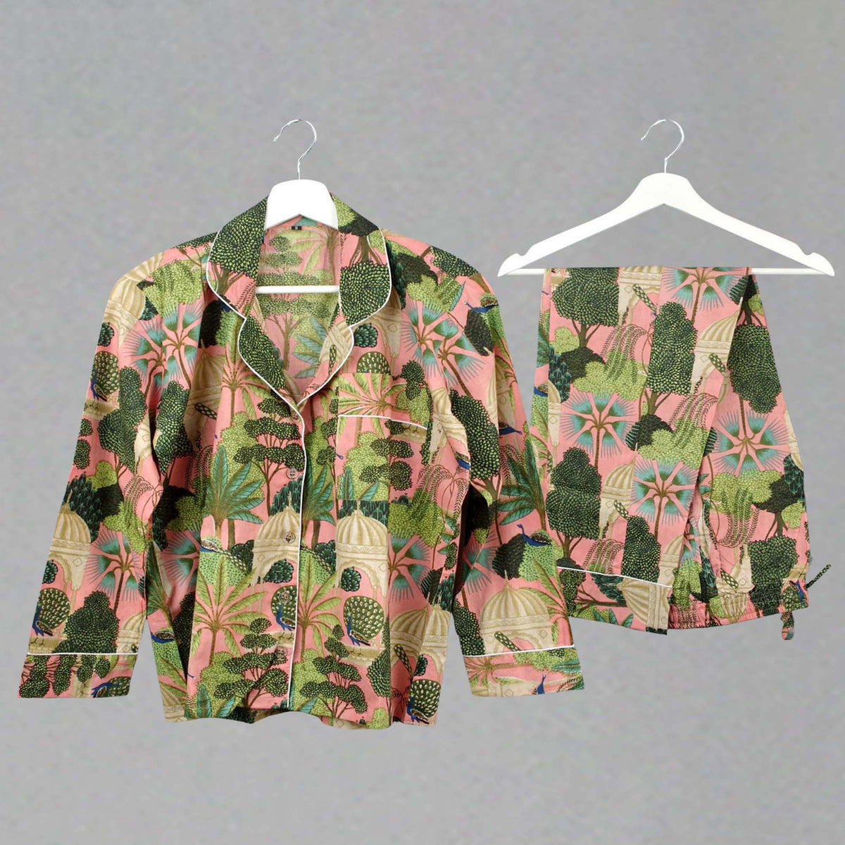 Long Cotton Pyjama Set - Peacock Print